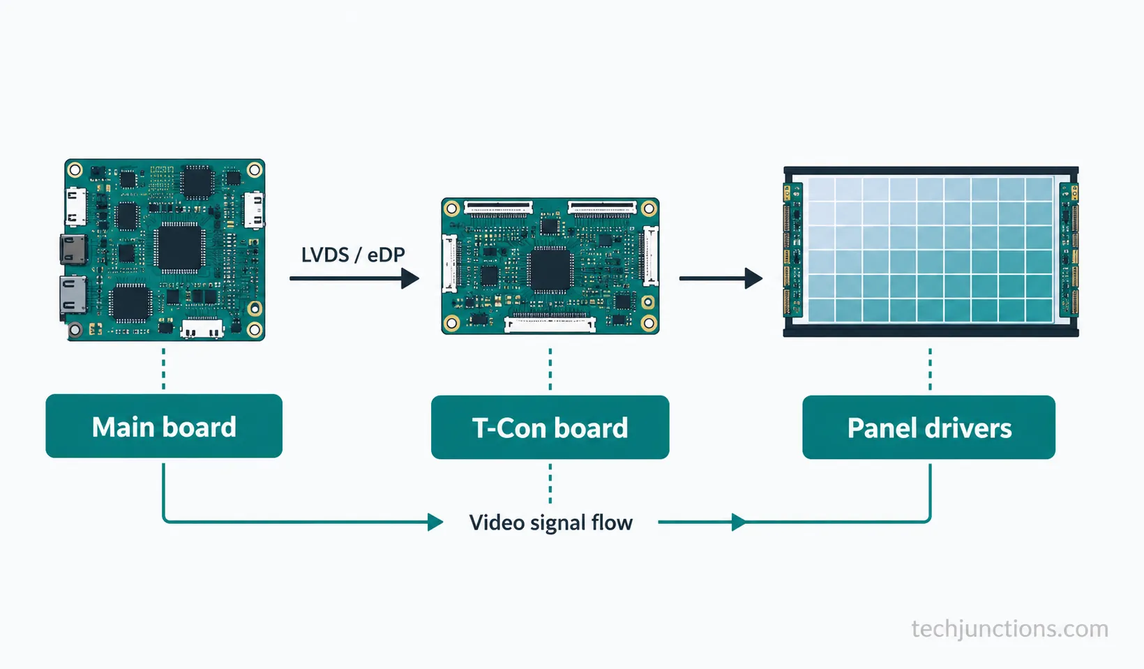 Diagram of the video signal traveling from the main board through the T-Con board to the TV panel.