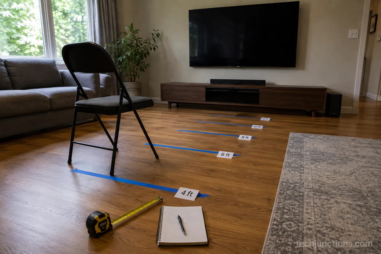 Living-room floor marked with tape at set distances to test 4K TV viewing distance by screen size.