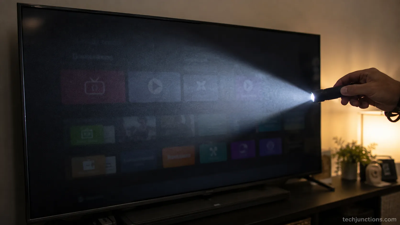 Faint TV menu visible under an angled flashlight, showing a backlight defect on a black TCL screen.