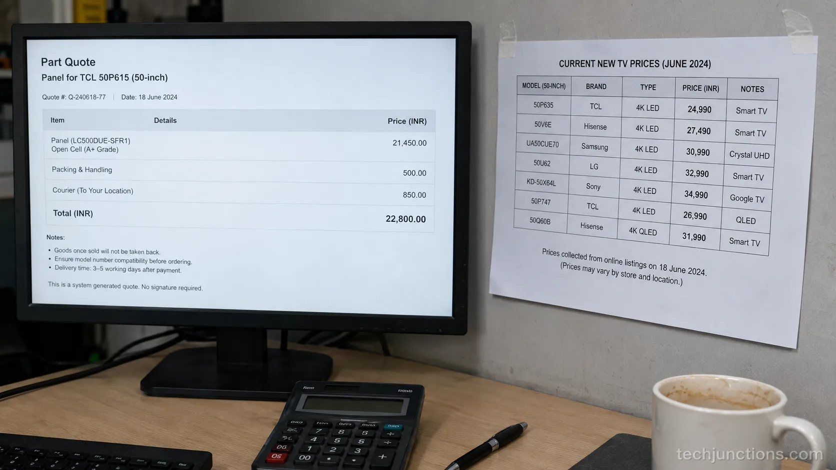 Parts quote for a TCL replacement panel priced near the cost of a new television.
