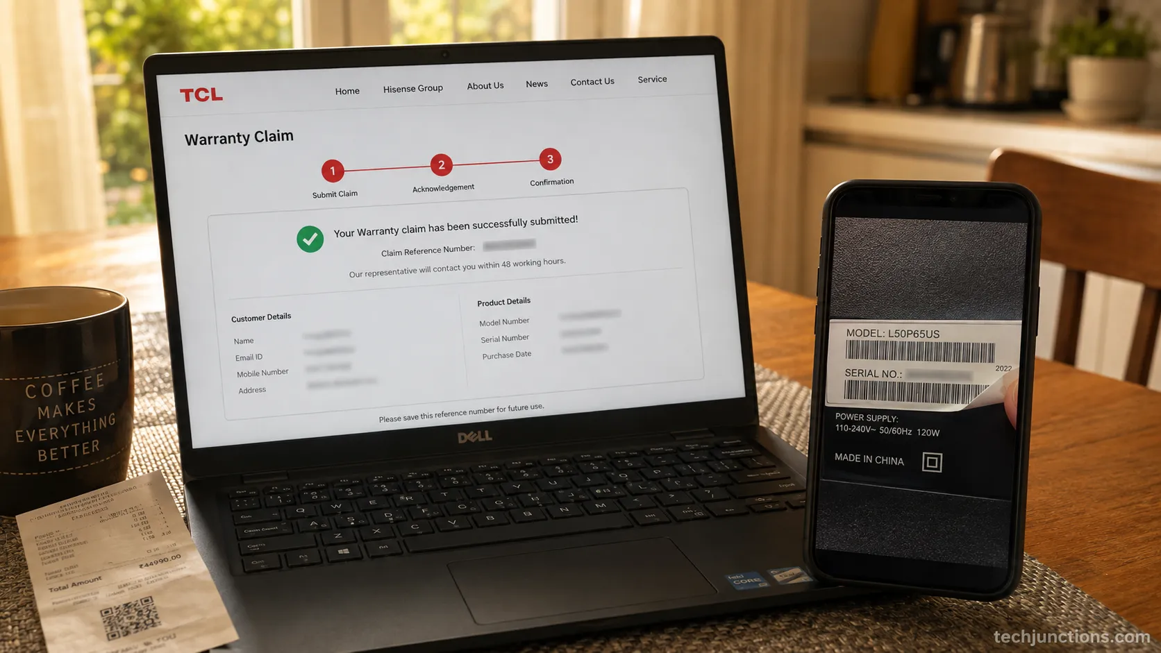 Laptop showing a redacted TCL warranty claim beside a phone photo of the model and serial sticker.
