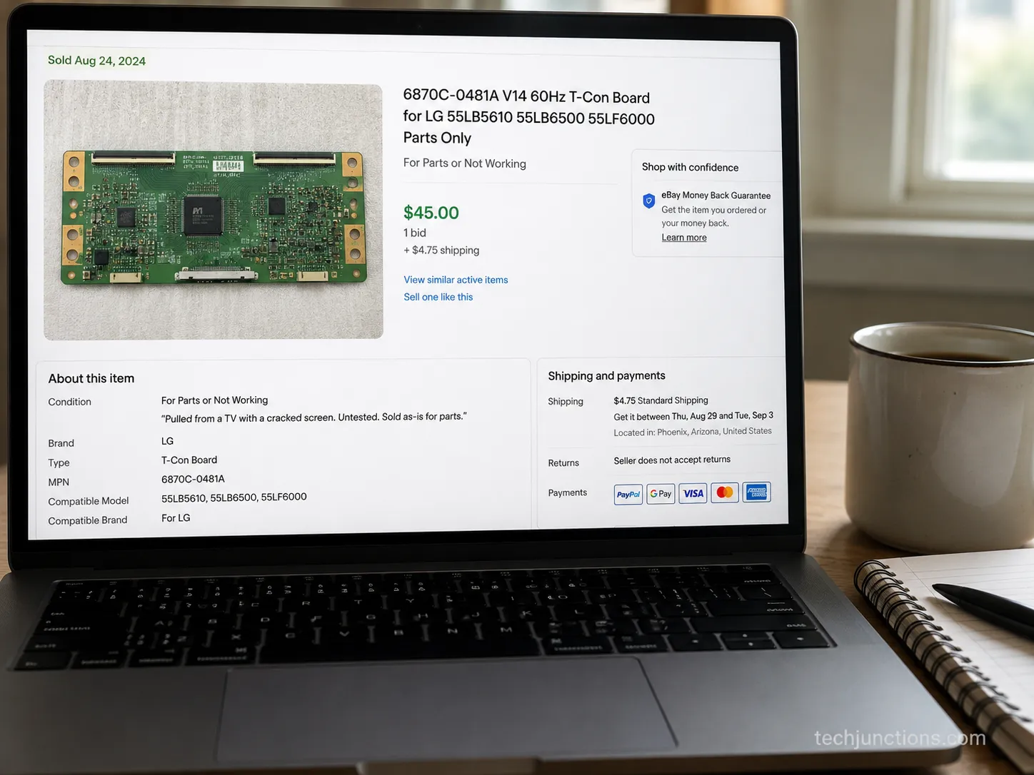 Marketplace Parts Only listing for a TV T-Con board sold for forty-five dollars.