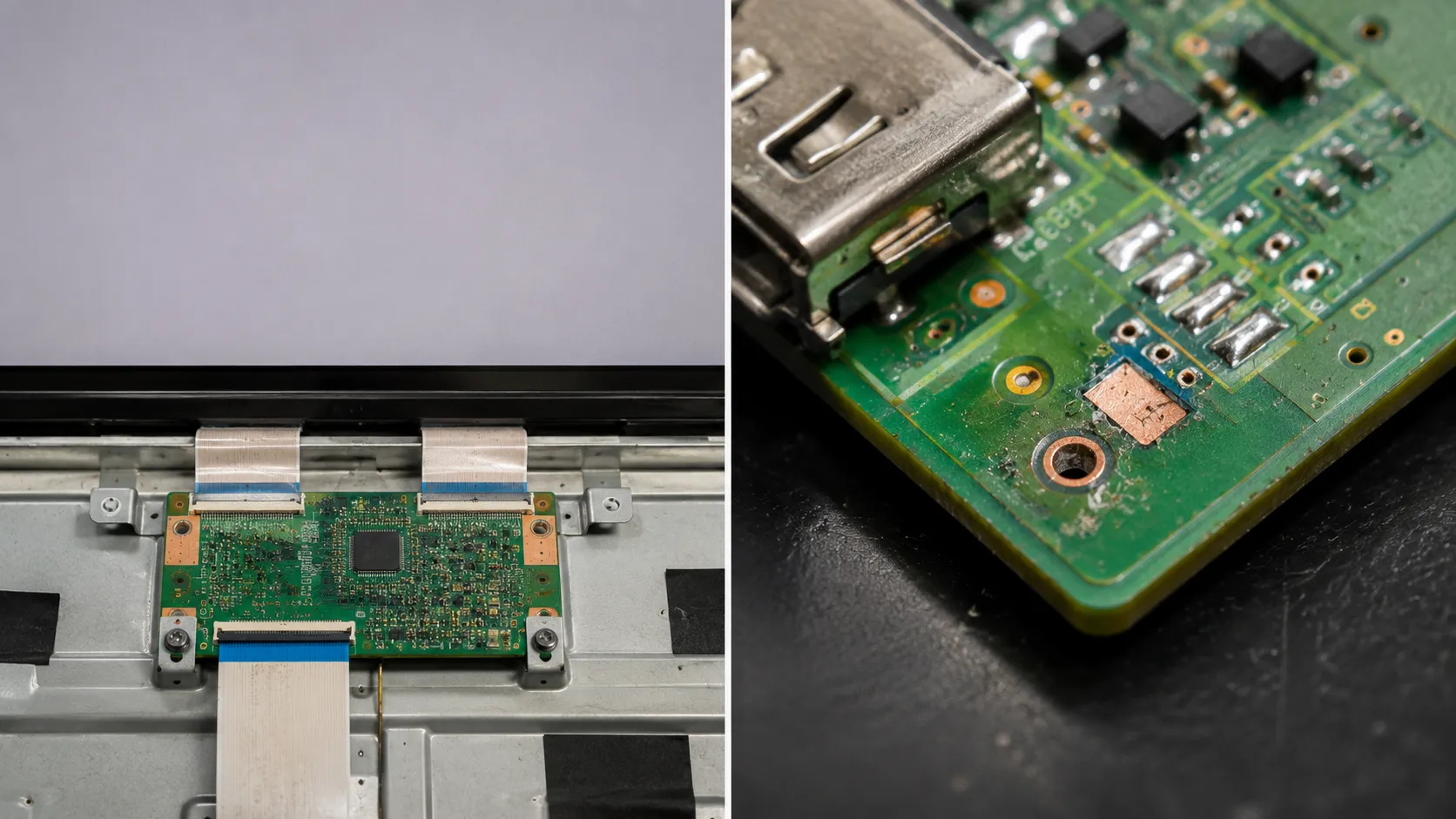 Side-by-side TV repair images showing a replaced T-Con board with a line-free display and a macro close-up of a lifted HDMI solder pad on a practice circuit board.