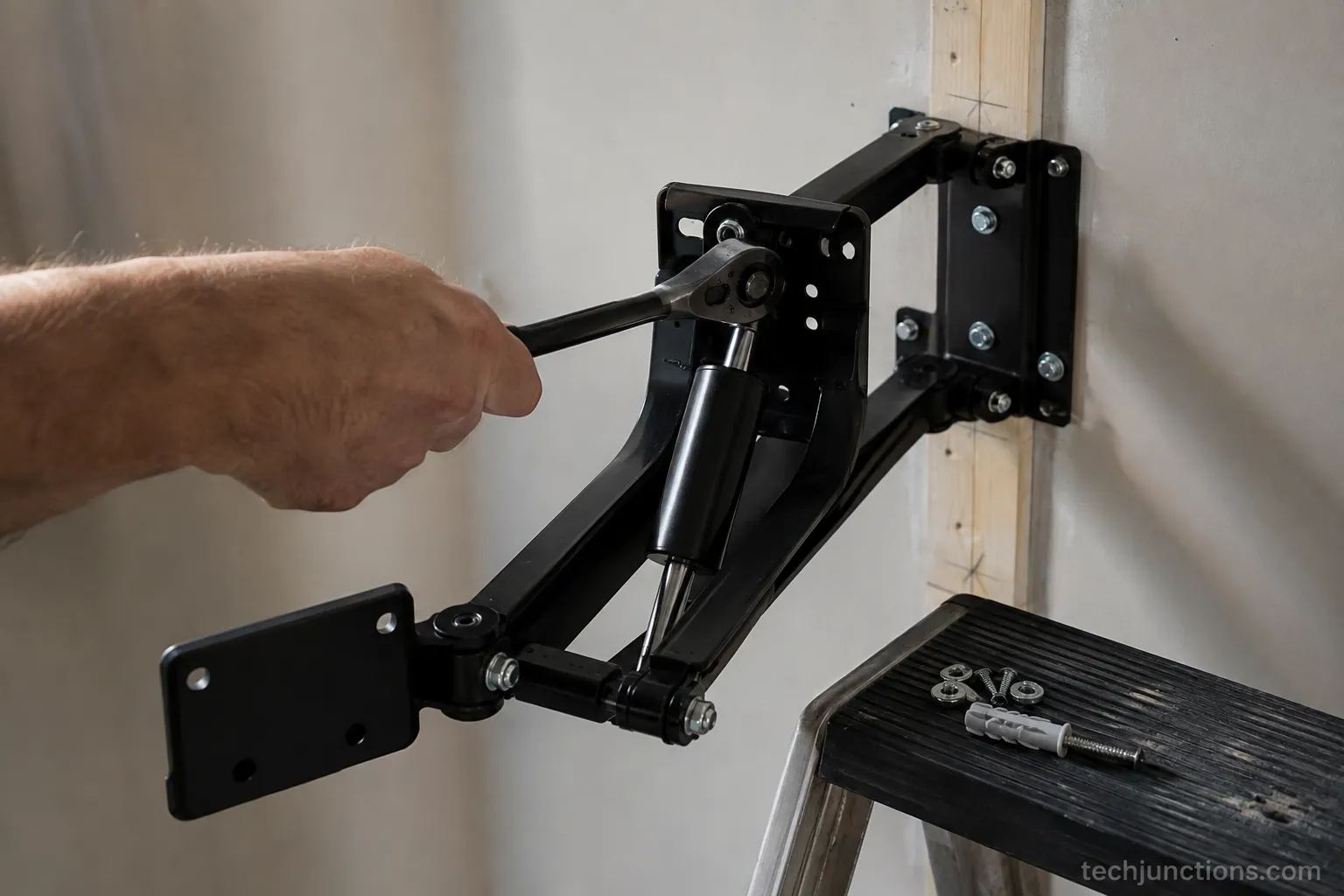 Adjusting the gas spring on a pull down TV wall mount with a socket wrench