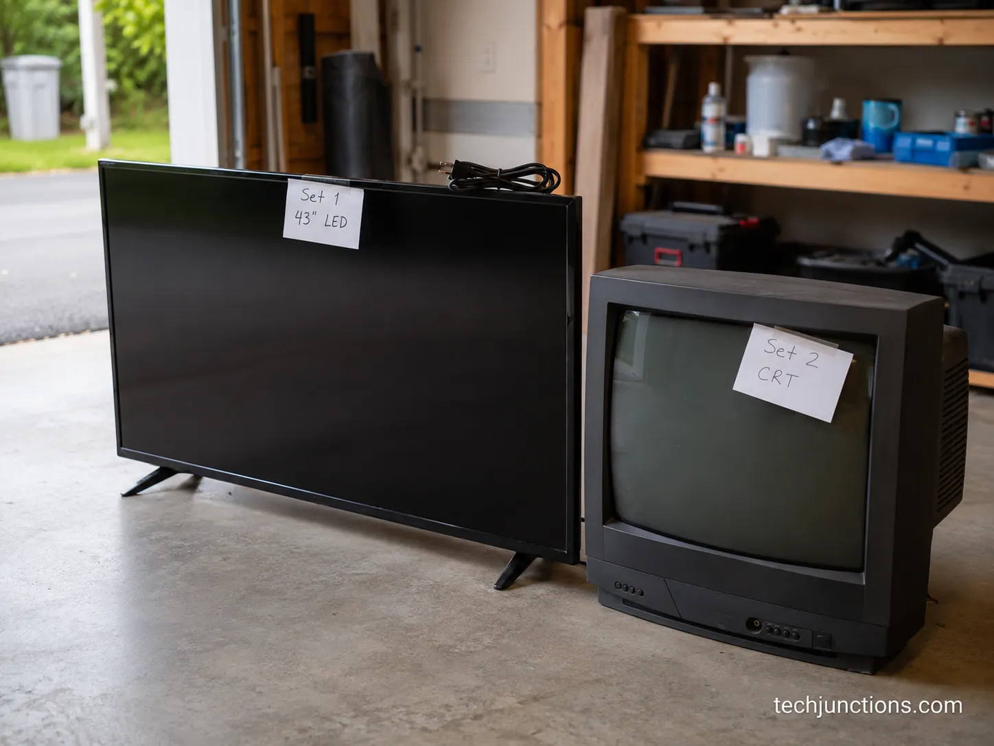 A 43-inch LED TV and an older CRT tube TV tagged and staged for recycling