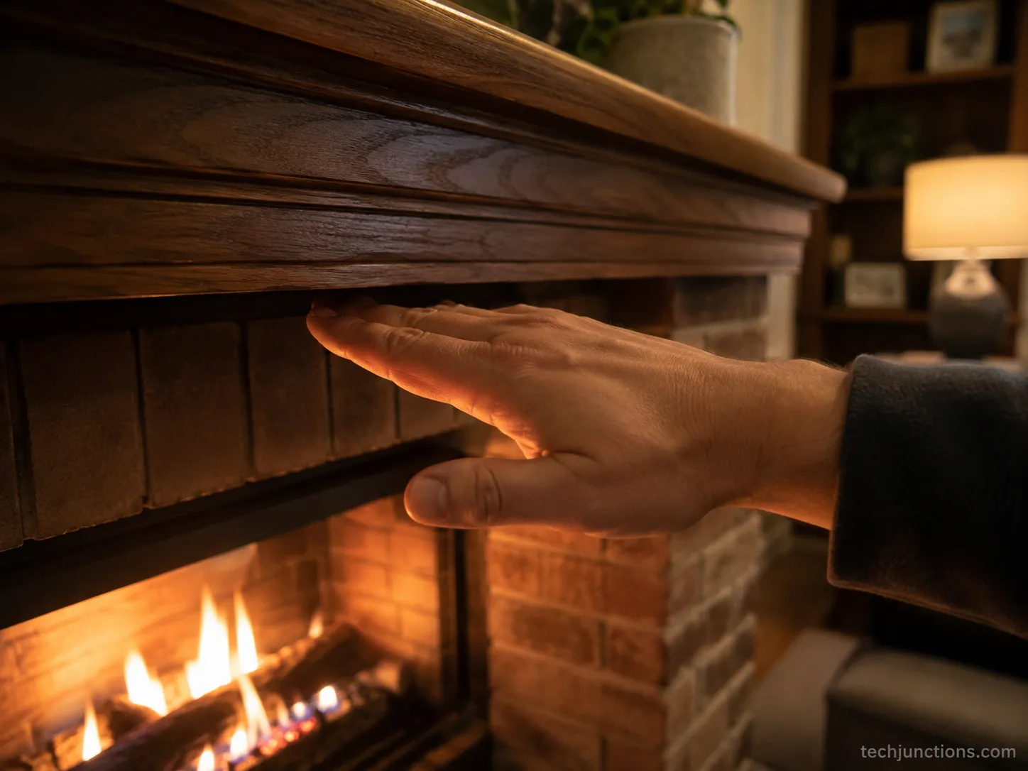 Hand held at a mantel edge testing radiant heat above a lit fireplace.