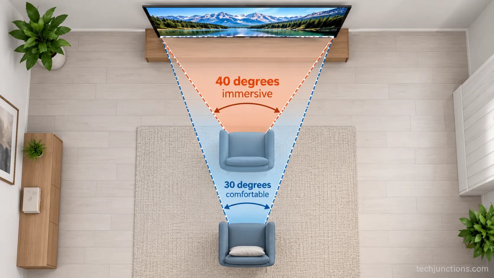 Diagram comparing 30 degree and 40 degree tv viewing angles from a single seat.
