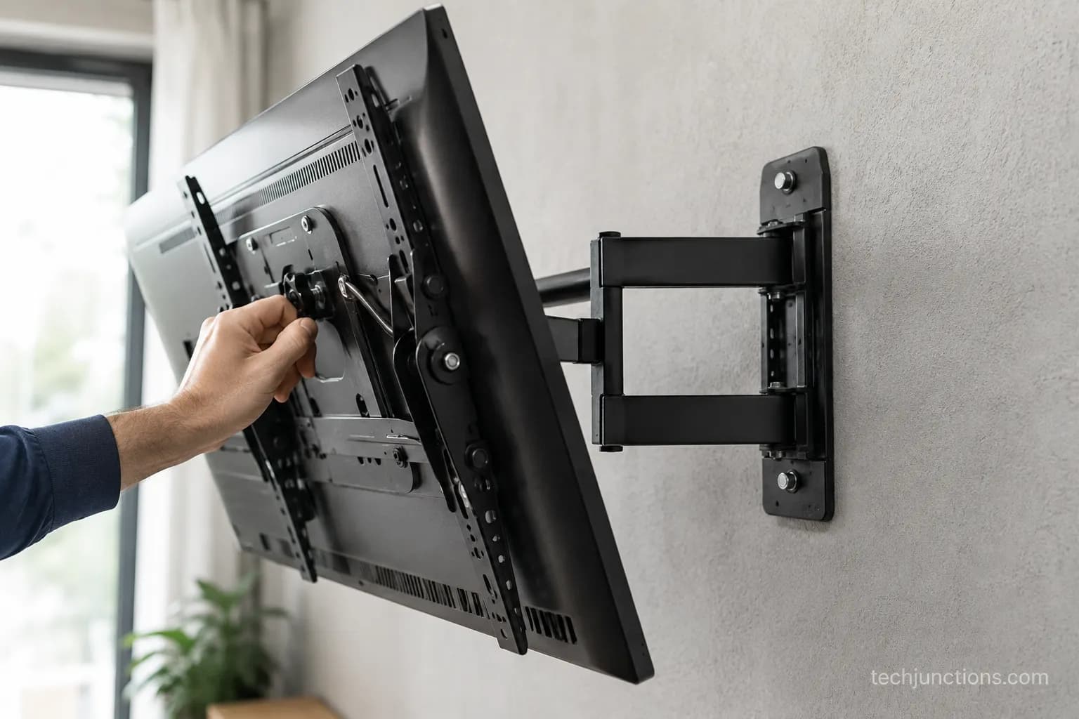 Tilting TV wall mount angled downward to correct an above-eye-level screen height.