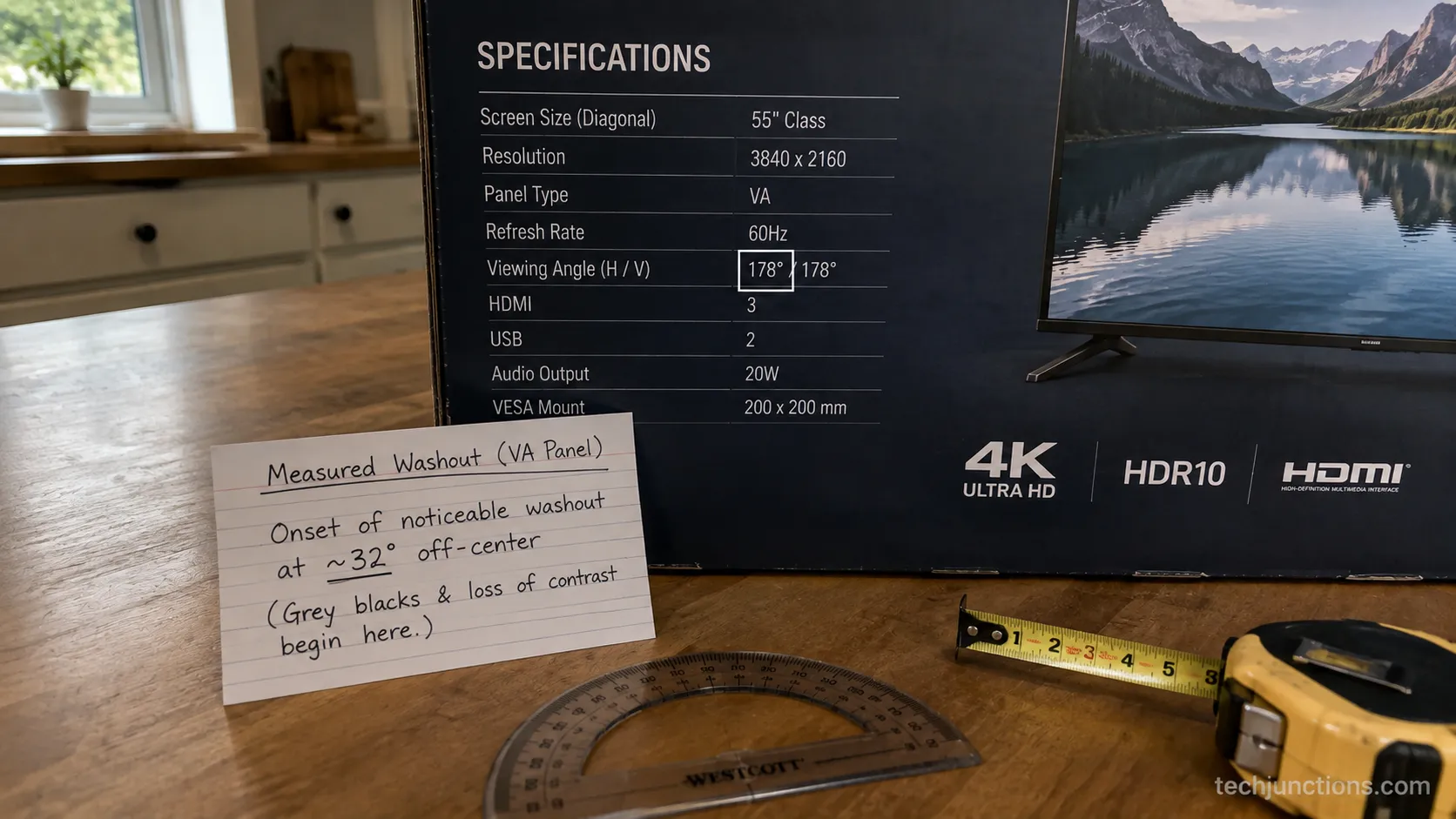 TV box listing a 178 degree viewing angle spec beside a measured onset note.
