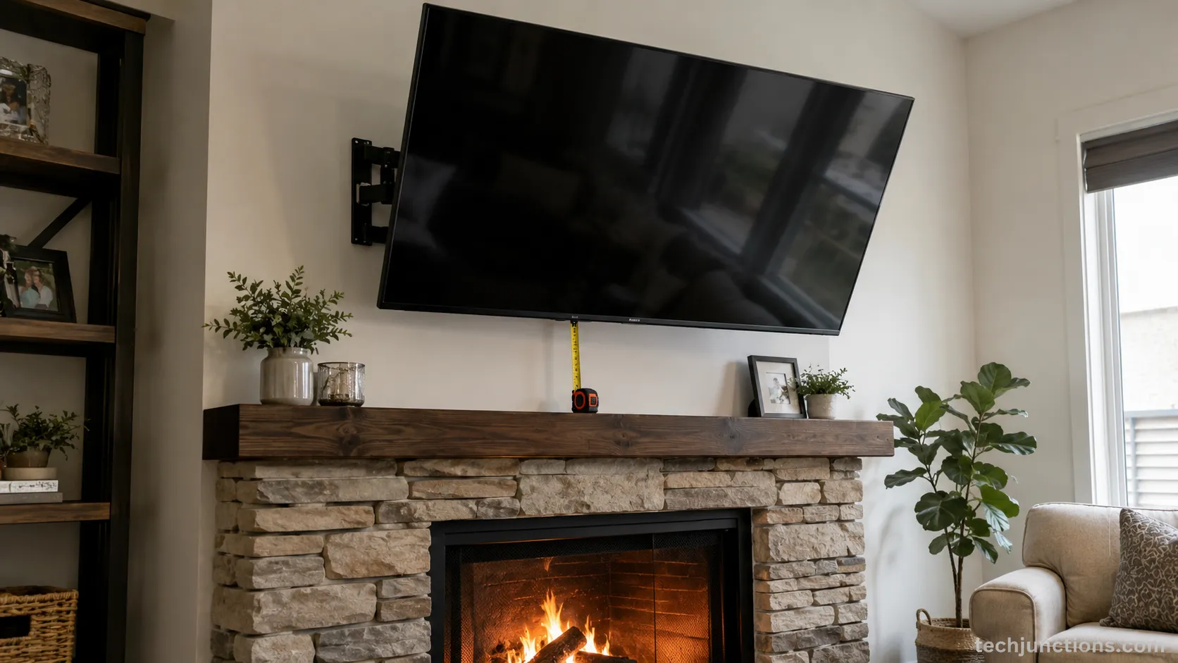TV mounted above a fireplace with downward tilt and mantel clearance