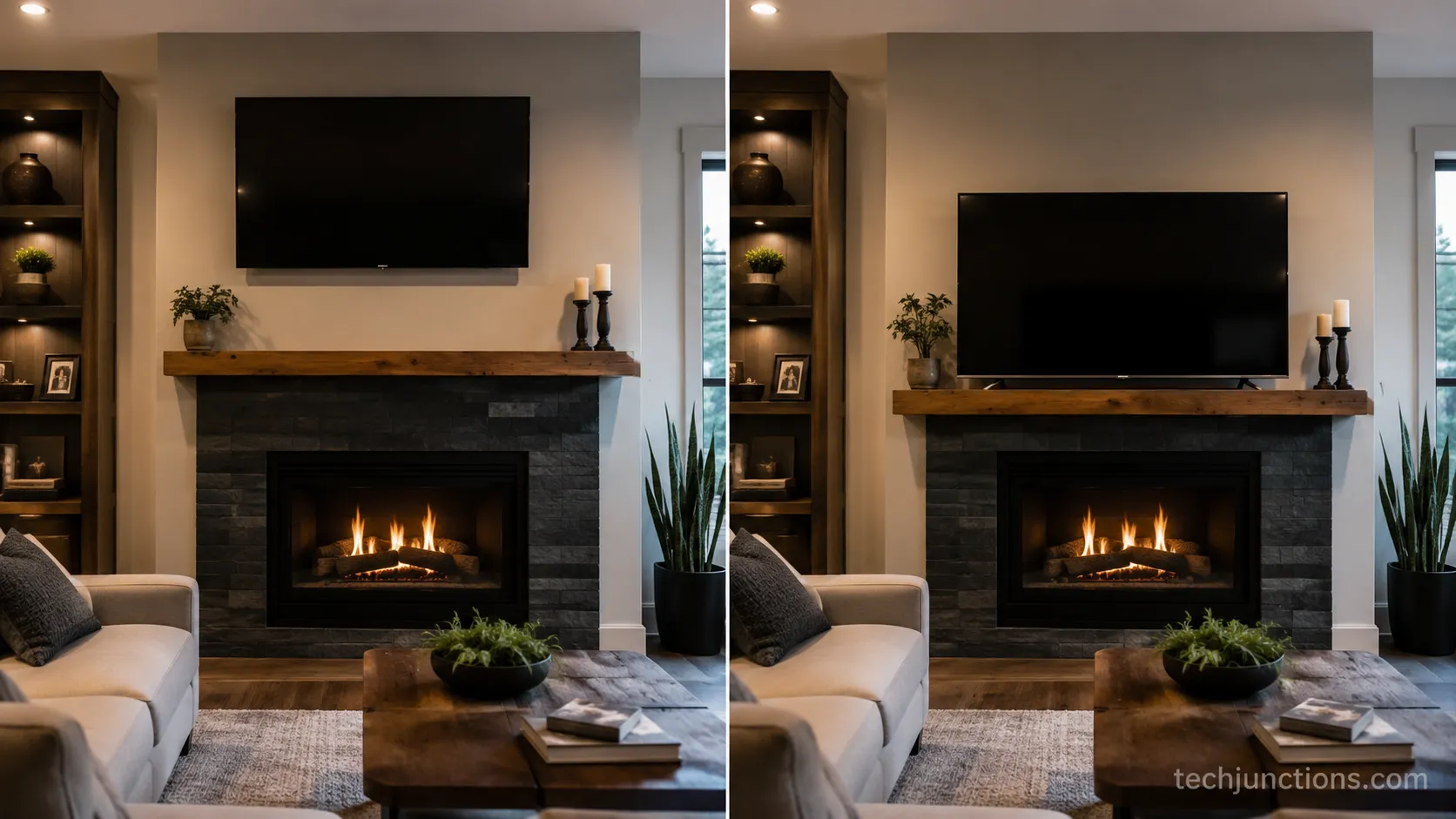 TV above a fireplace shown mounted too high then lowered to eye level