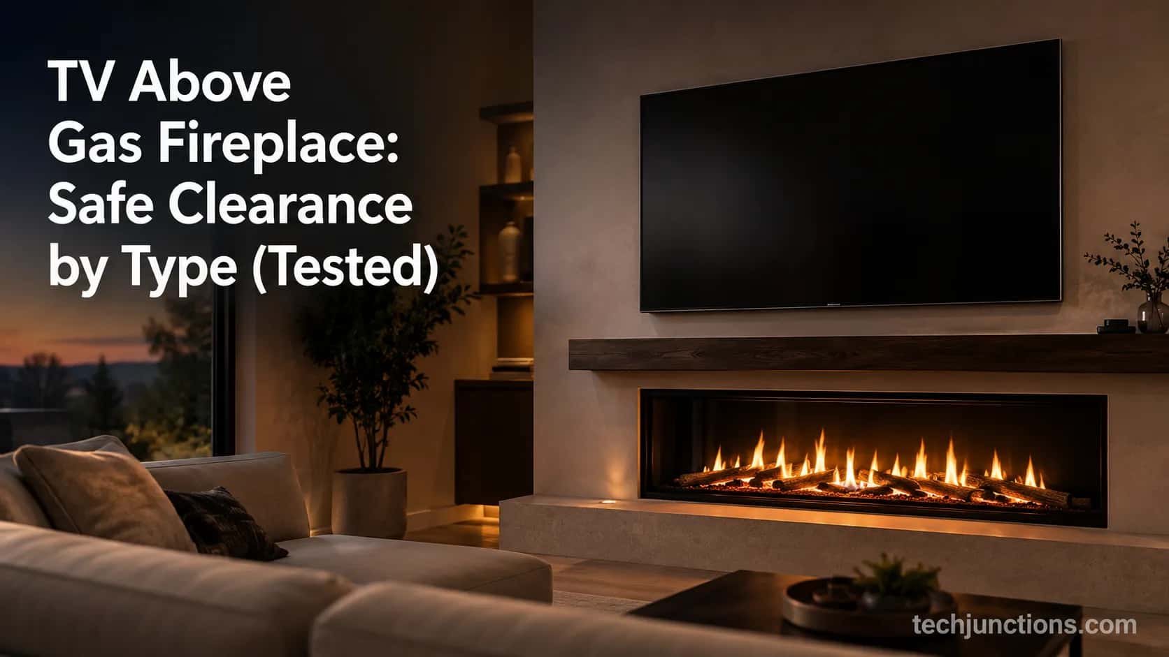 TV mounted above a lit gas fireplace in a modern living room at dusk