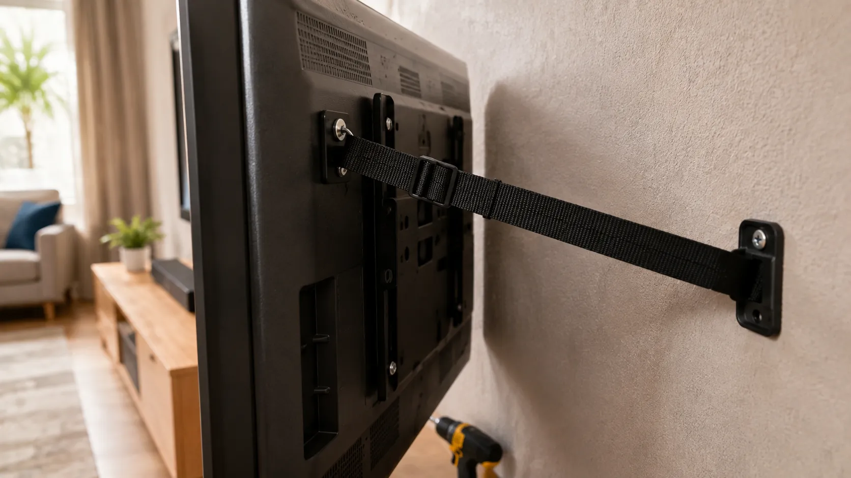 Anti-tip strap securing a wall-mounted TV to prevent a cracked screen.