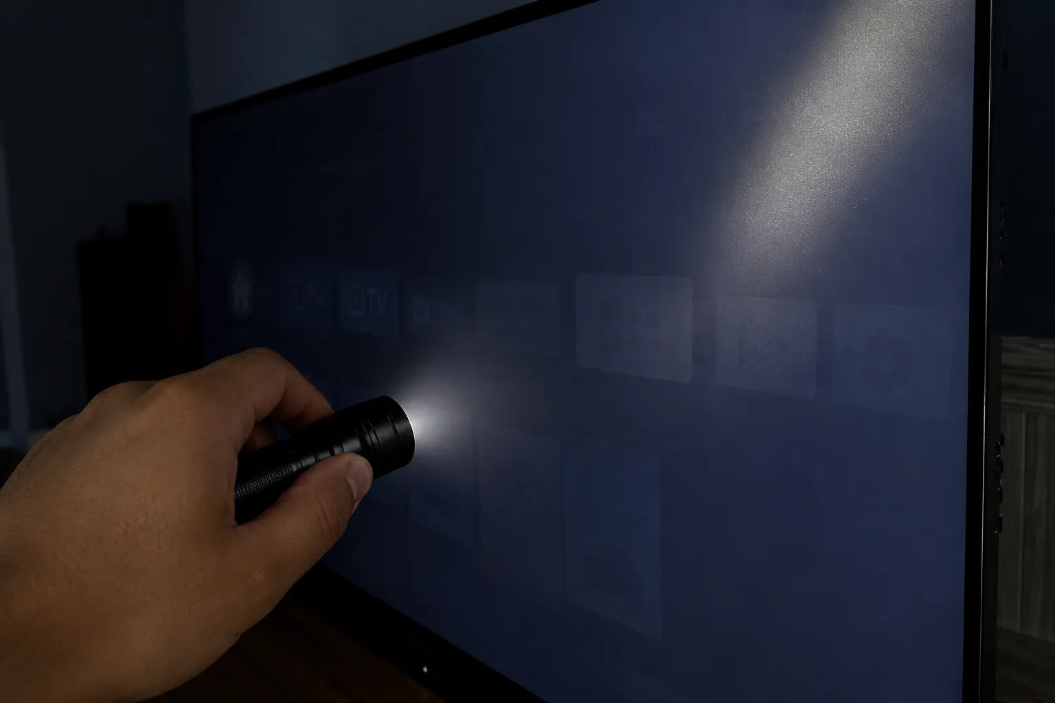 Hand shining a flashlight across a dark TV screen with a faint menu visible, demonstrating the flashlight test used to diagnose a failed LED backlight in an LCD TV.