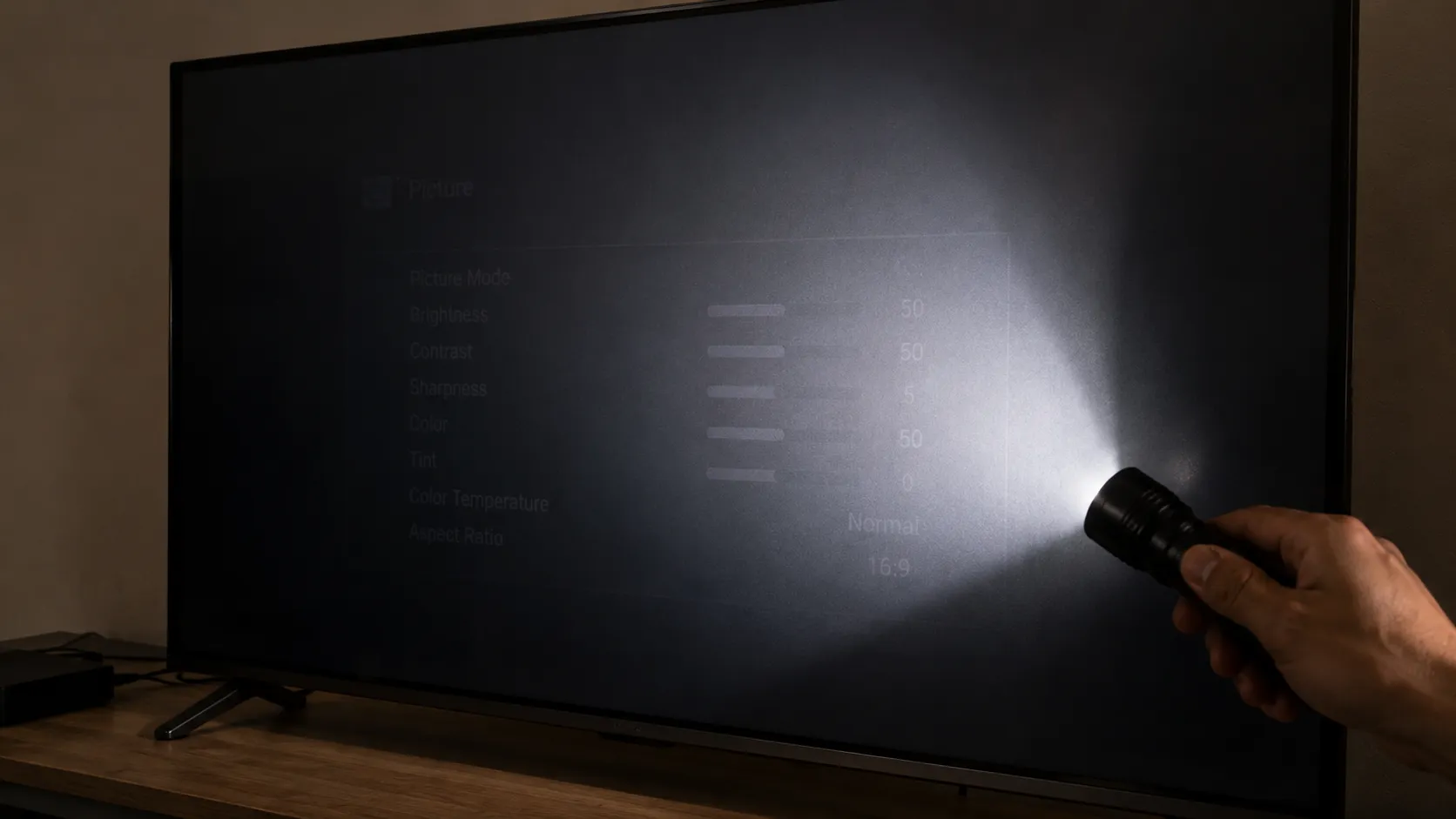 Flashlight test revealing a faint image on a dark TV screen to confirm the backlight.