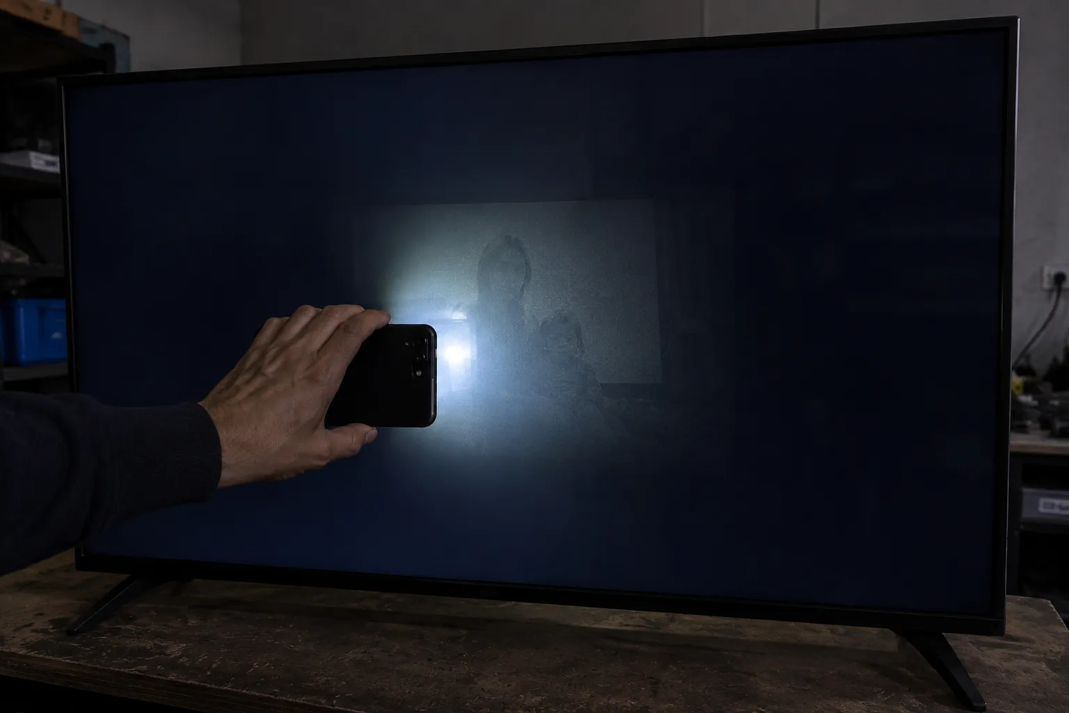 flashlight test revealing a faint image on a dark tv screen