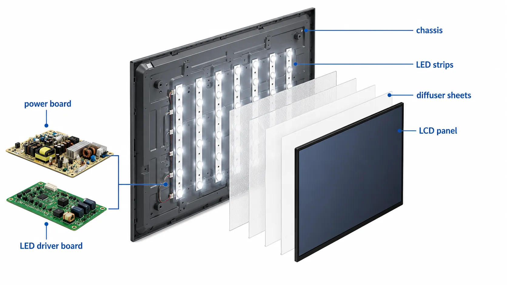 Exploded cross-section diagram of a TV backlight assembly showing the chassis, LED strips, diffuser sheets, LCD panel, power board, and LED driver board.