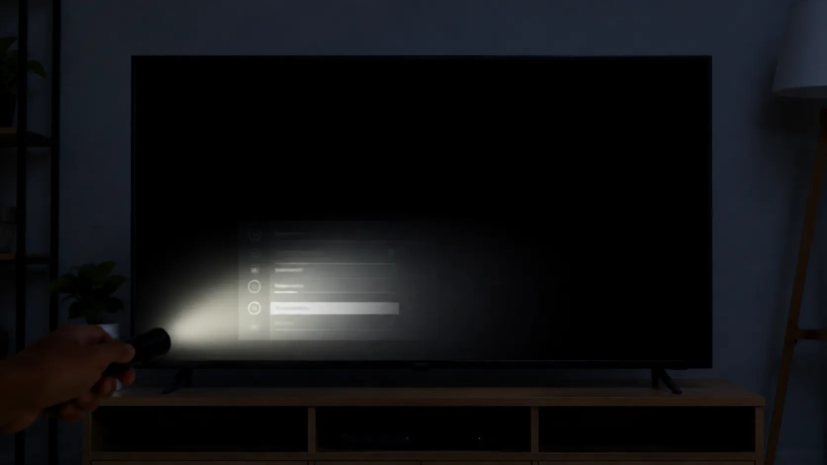 Dark flat-screen TV in a dim room with a faint settings menu visible only under a flashlight beam, demonstrating the flashlight test for diagnosing a failed TV backlight.