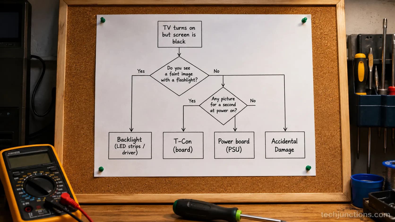 Flowchart routing TV black-screen symptoms to backlight, T-Con, power board, or accidental damage.