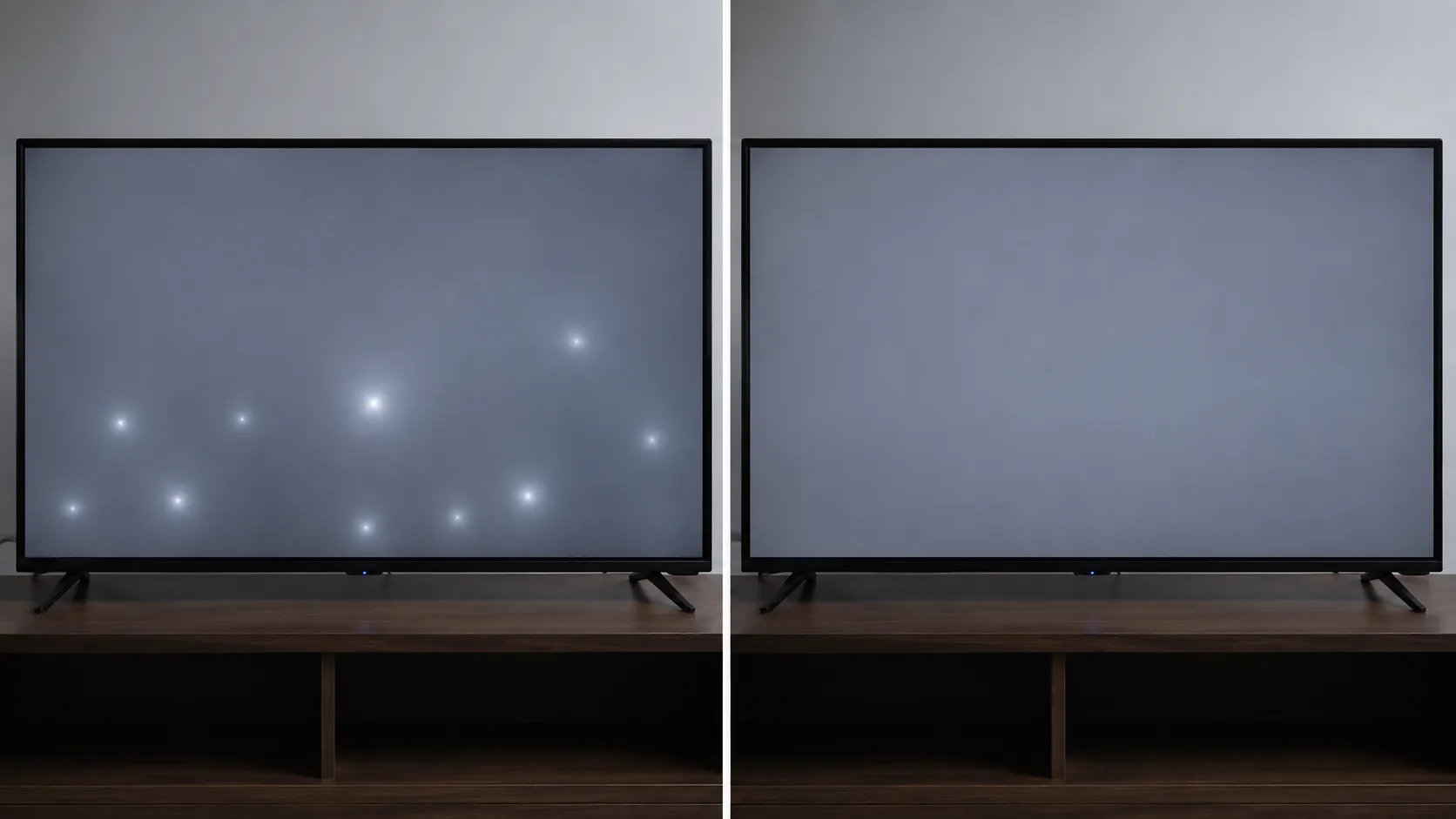 Side-by-side comparison of a TV screen with bright white spots before LED lens repair and a uniform grey display after reseating the backlight lenses.