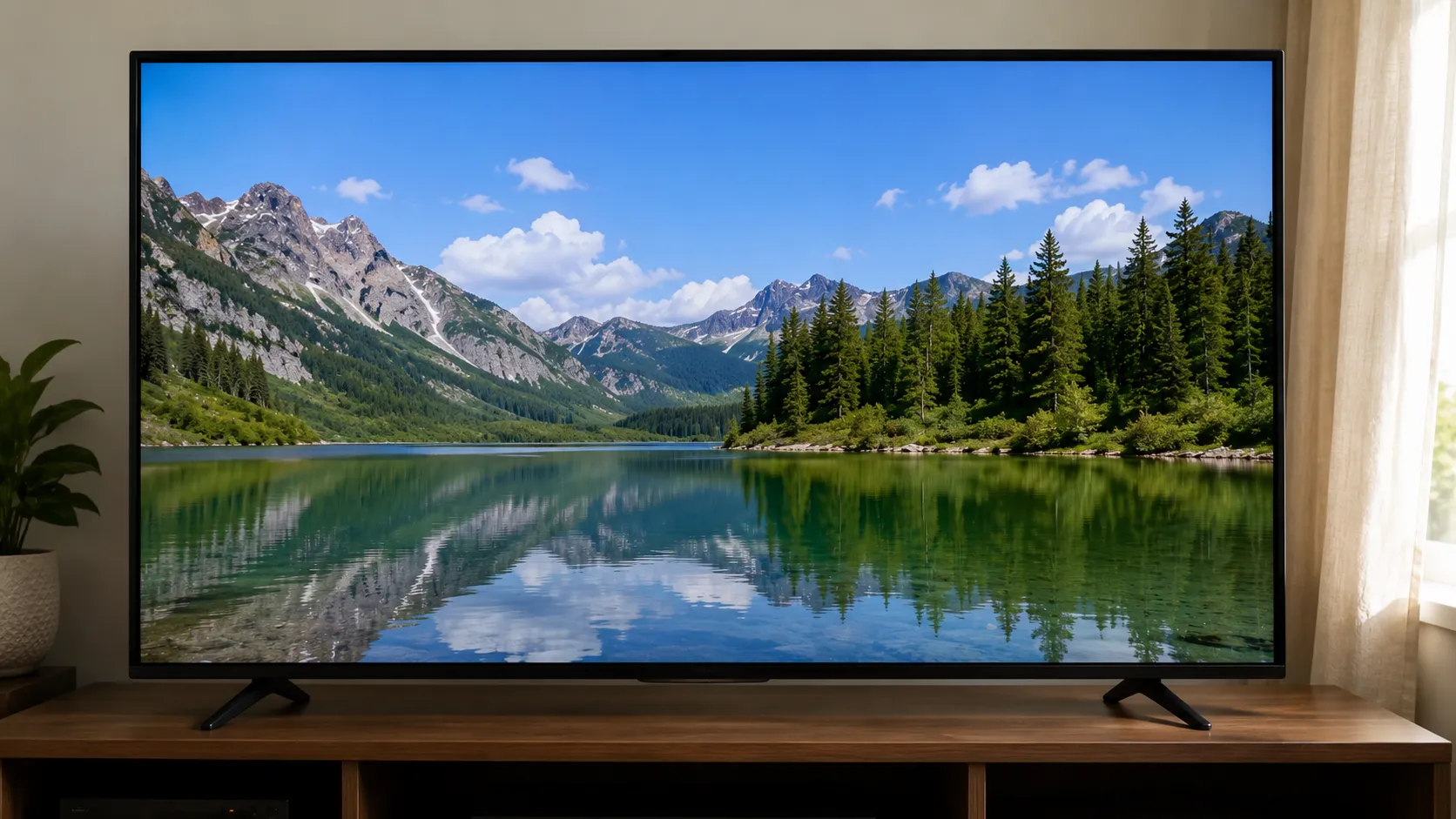 50-inch TV displaying a clear, line-free picture after reseating the T-CON ribbon cable, with the back panel reattached and the TV set up in a bright living room.