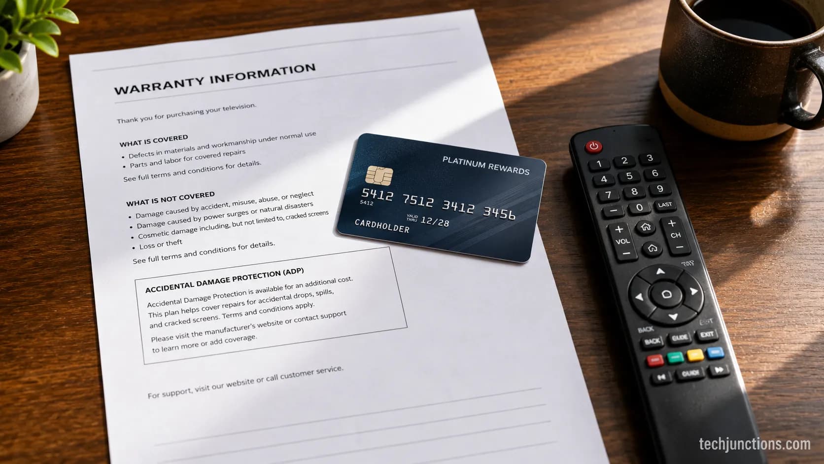 Warranty document and credit card representing TV accidental damage coverage options.
