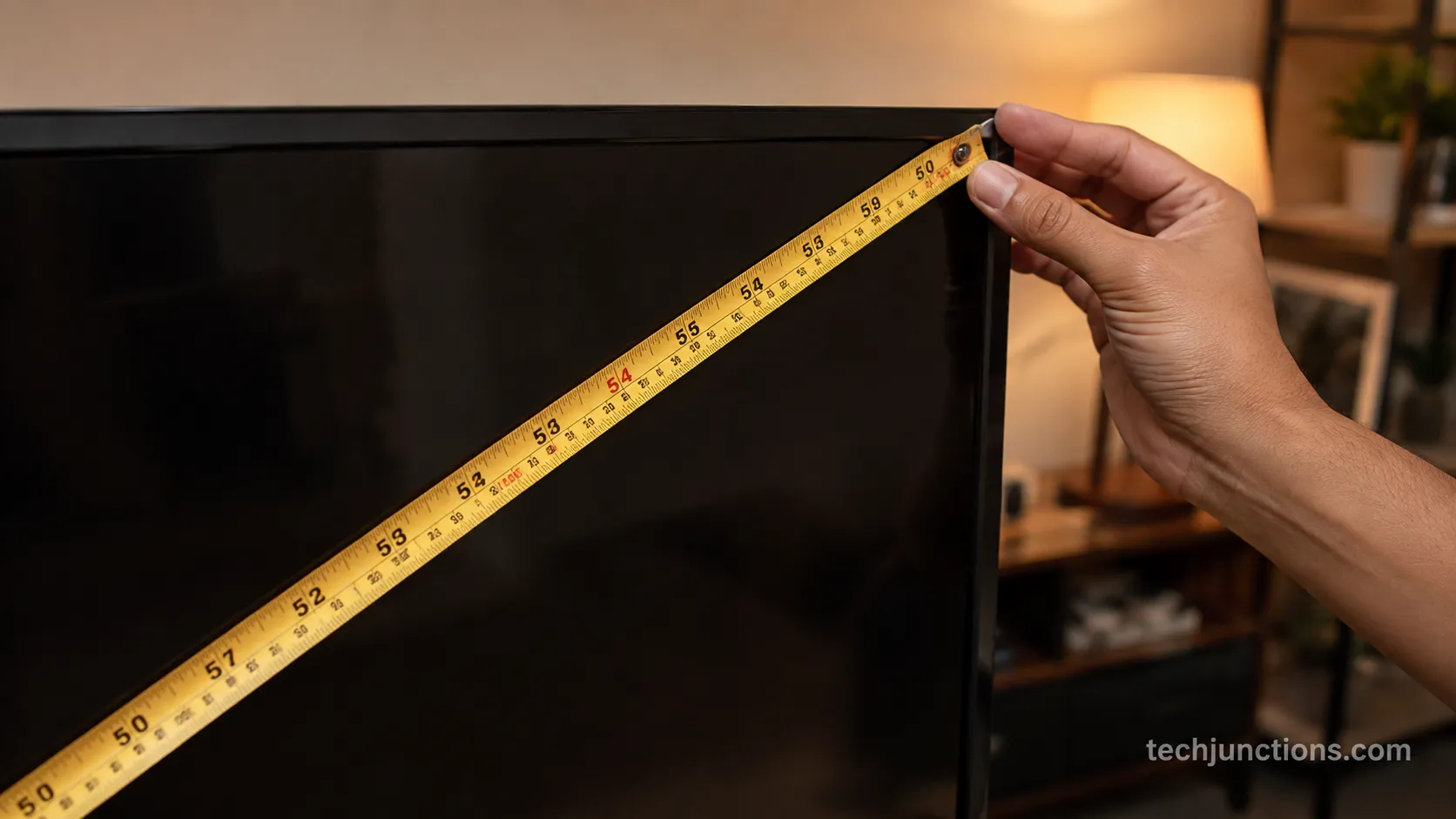 Measuring the diagonal of a 55-inch television with a tape measure.