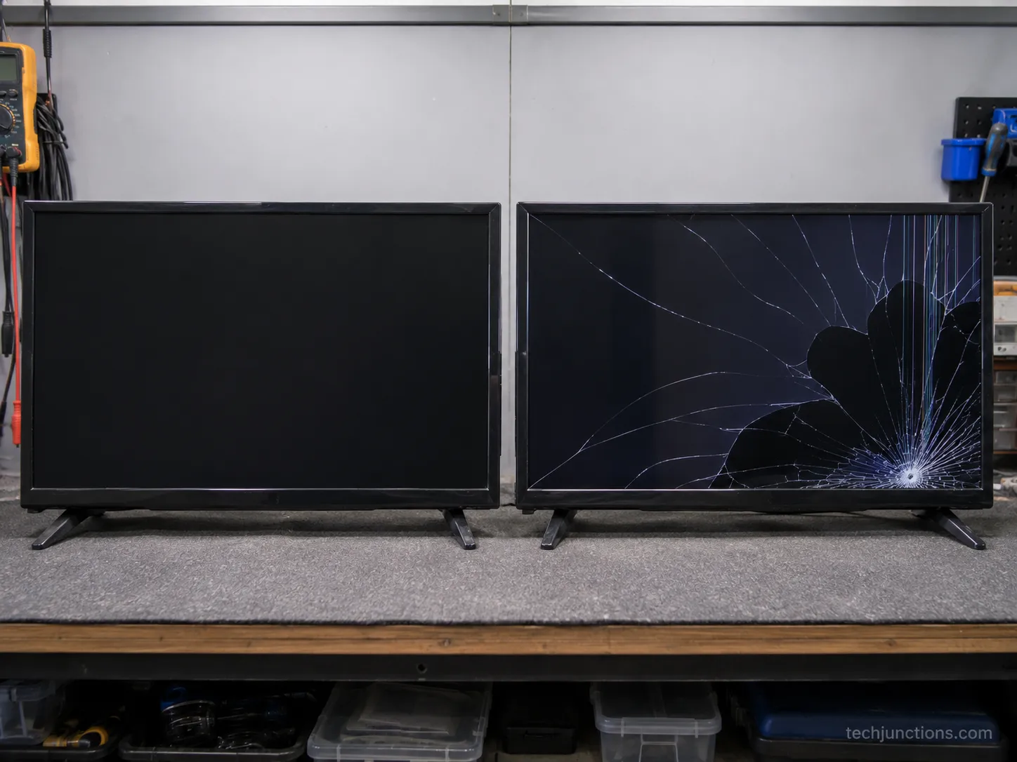 comparison of a dark TV screen versus a cracked TV panel.