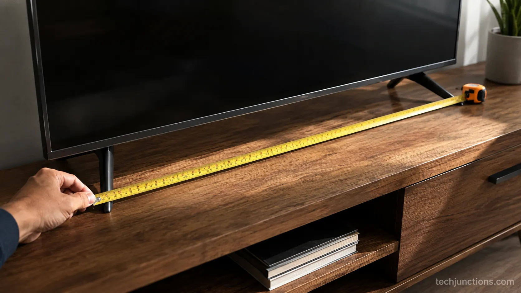 Measuring the feet spacing of a television across a console with a tape measure.