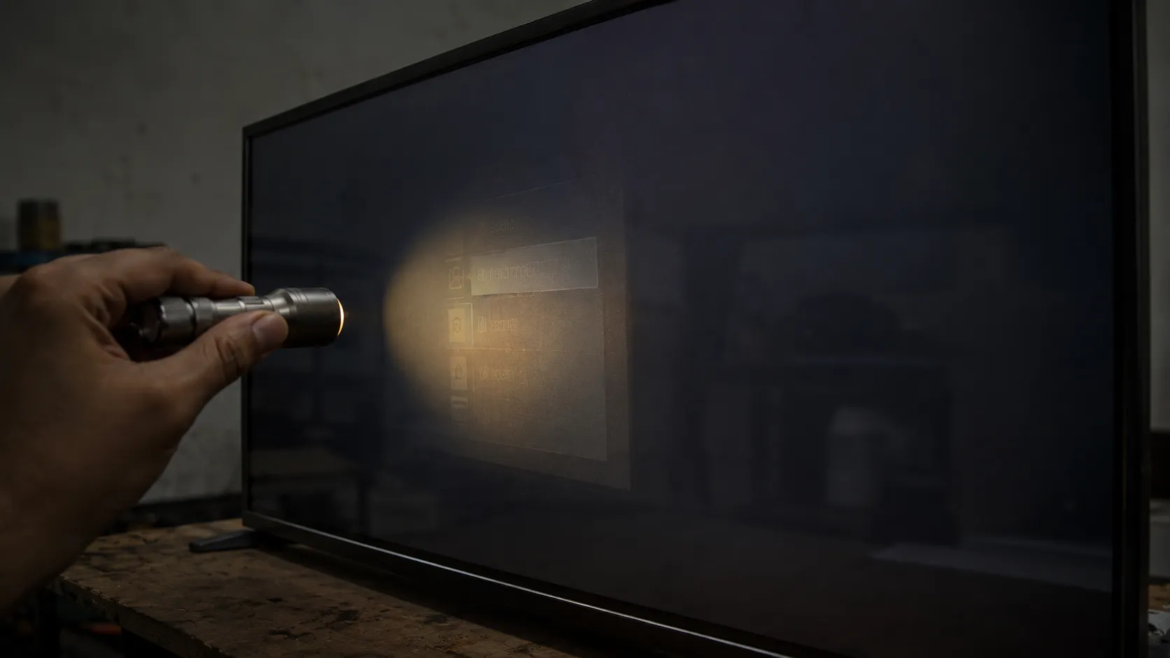 Hand using a flashlight on a powered-on TV with a dark screen, revealing a faint menu to diagnose a failed LED backlight instead of a damaged display panel.