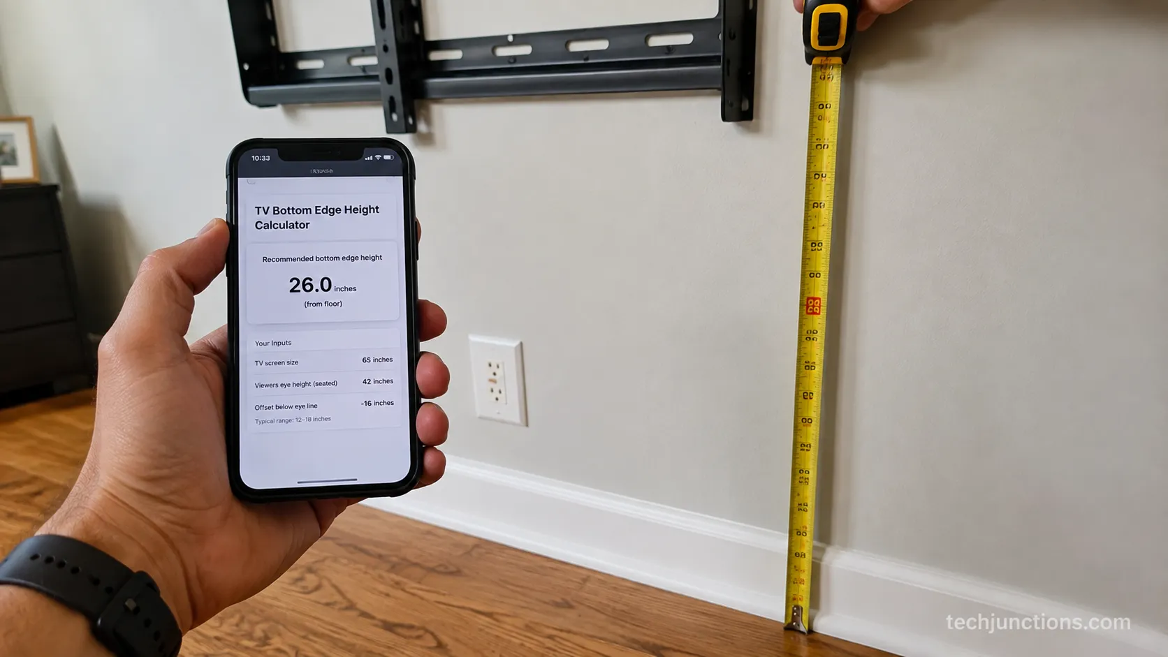 TV mount height calculator result matching the tape measurement on the wall