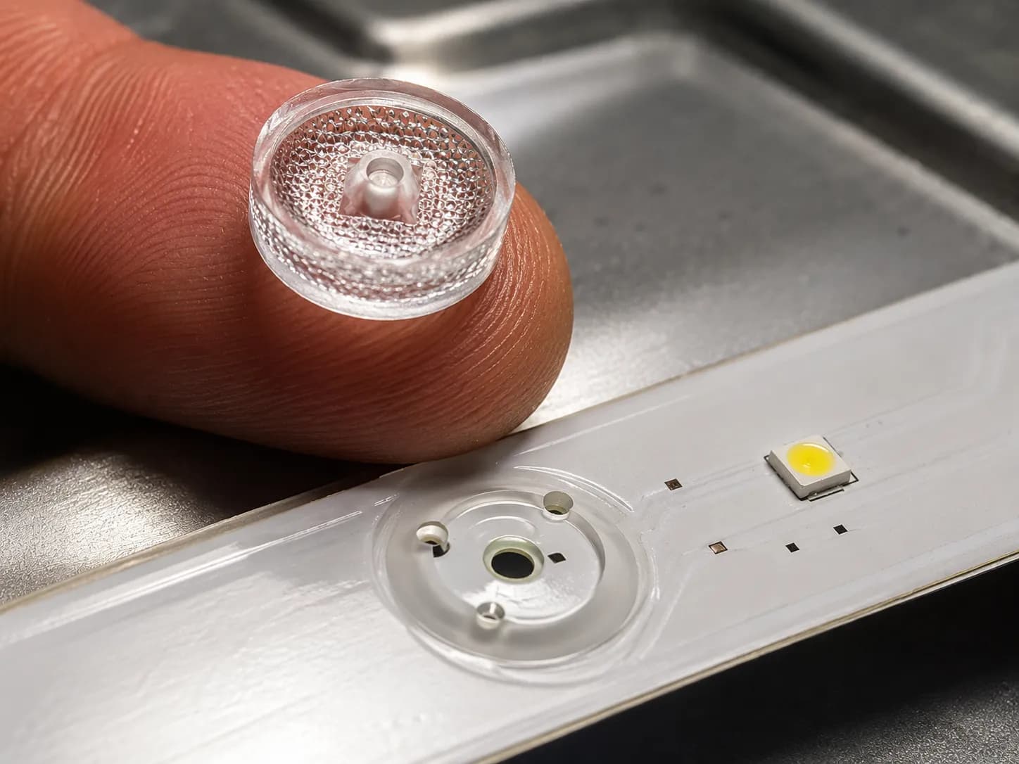 Macro close-up of a detached TV LED backlight diffuser lens resting on a fingertip beside the empty mounting spot on an LED strip before reattachment.