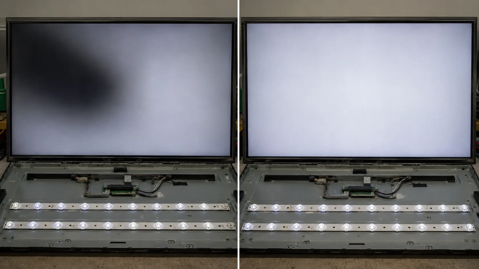Before and after comparison of a 50-inch TV screen showing a dark patch from failed LED backlights on the left and even screen brightness after replacing all LED strips on the right.