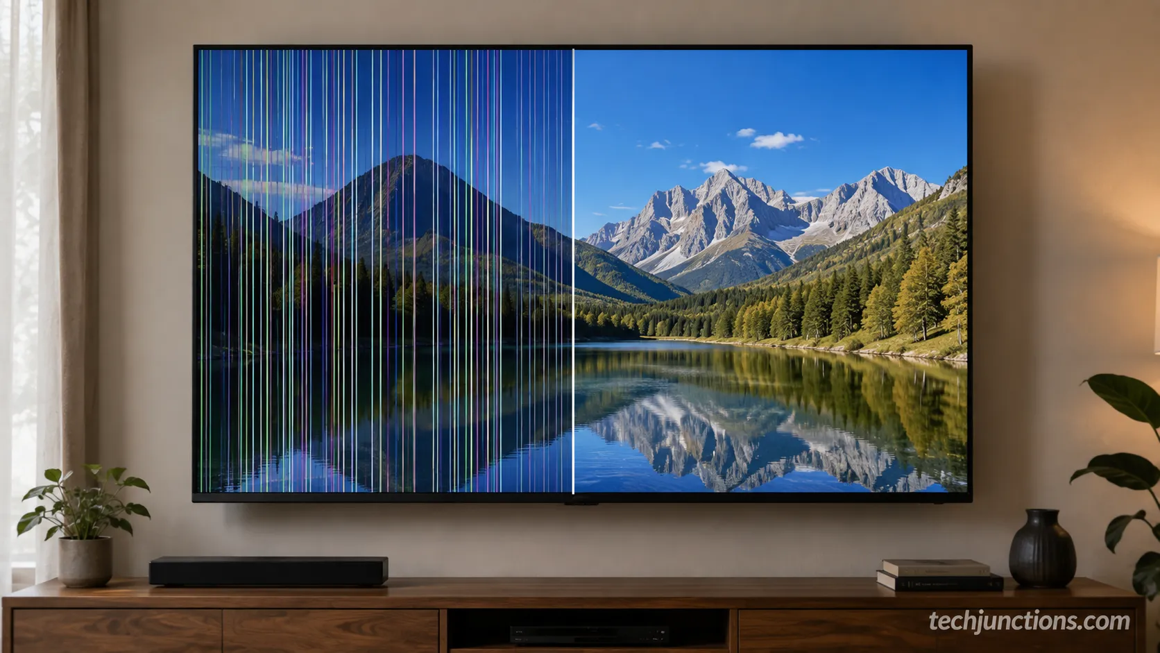 TV screen with vertical lines before and after a T-Con board replacement.