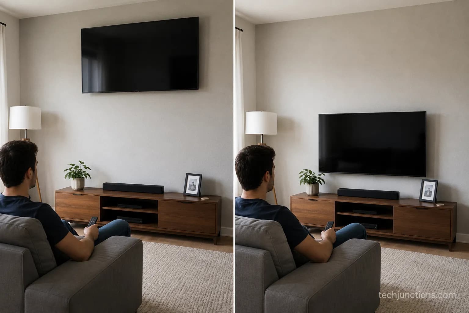 TV lowered from a too-high wall mount to seated eye level to fix neck strain.
