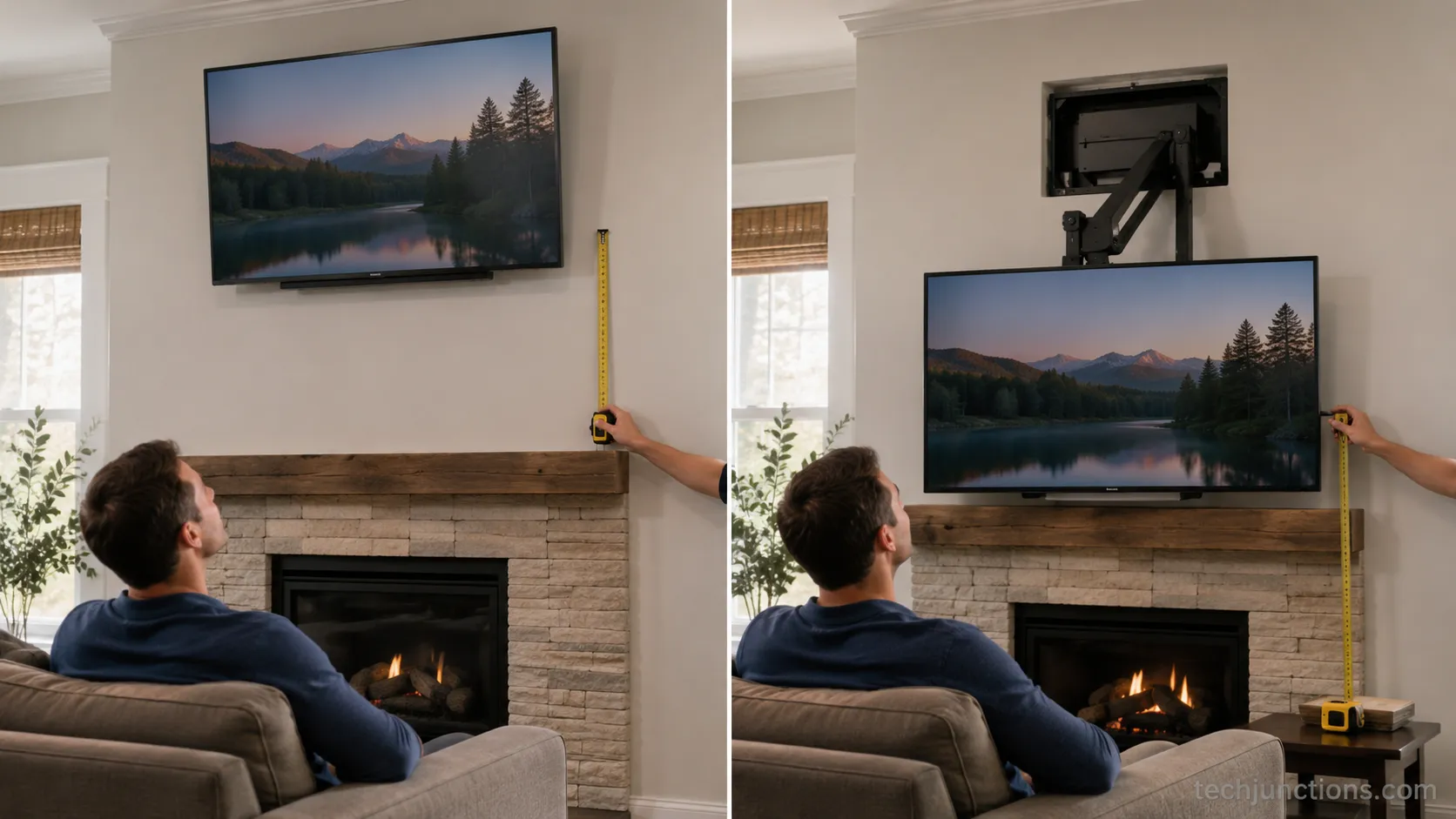 Before-and-after of a TV lowered from above the fireplace to eye level with a tape measure.
