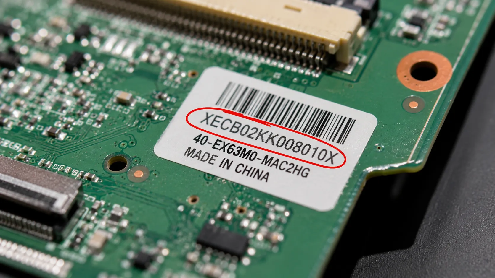 Macro close-up of a TV main board sticker with the part number circled in red, making it easy to identify the correct replacement board when searching for compatible parts.