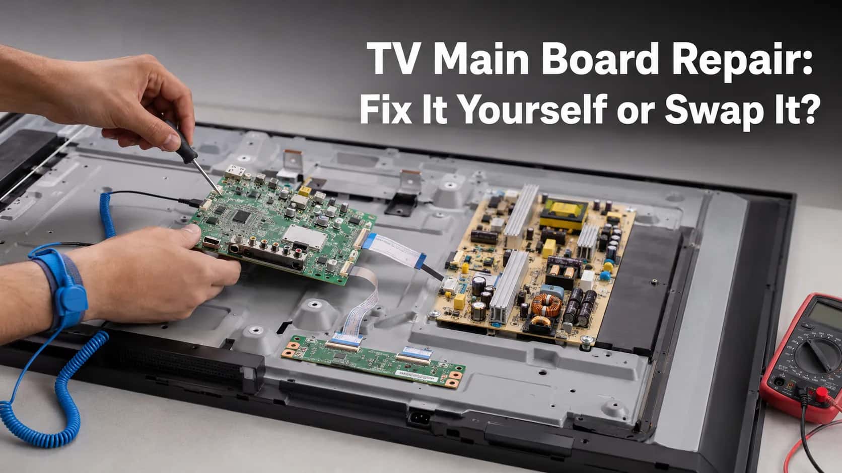 Open flat-panel TV on a repair bench with the power, main, and T-CON boards exposed as a technician begins replacing the main board using a Phillips screwdriver.