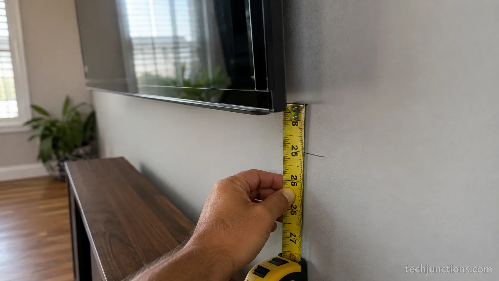 Tape measure marking TV mount height at the bottom edge beside a finished wall mount