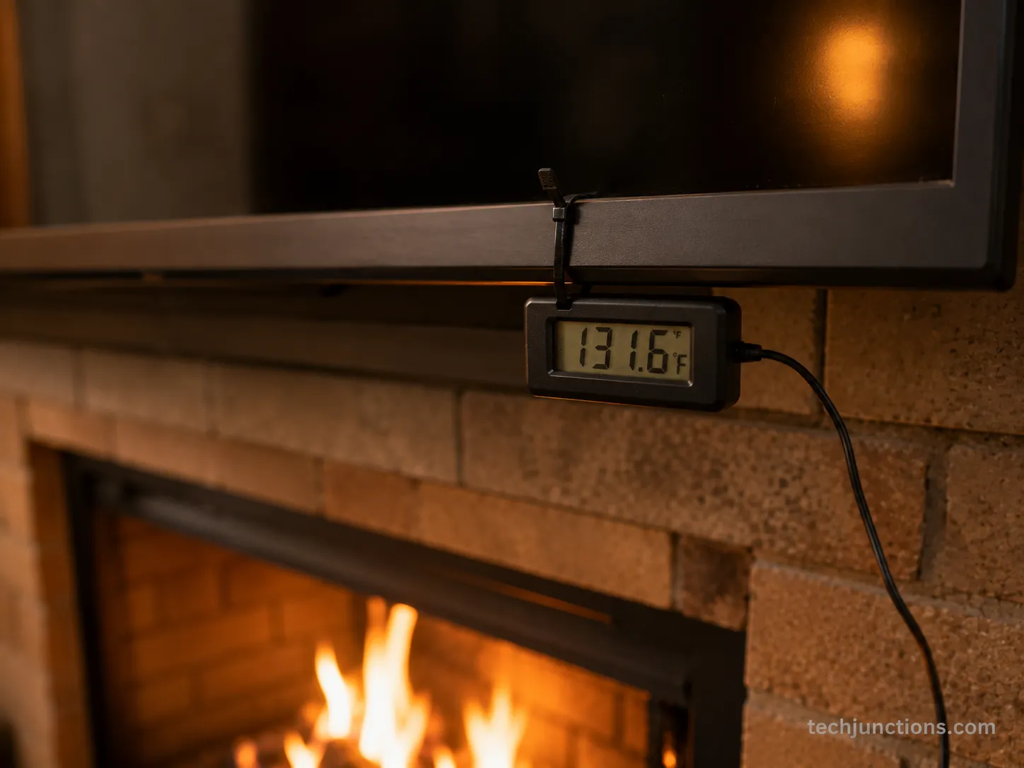 Probe thermometer attached to the bottom of a wall-mounted TV showing temperature.