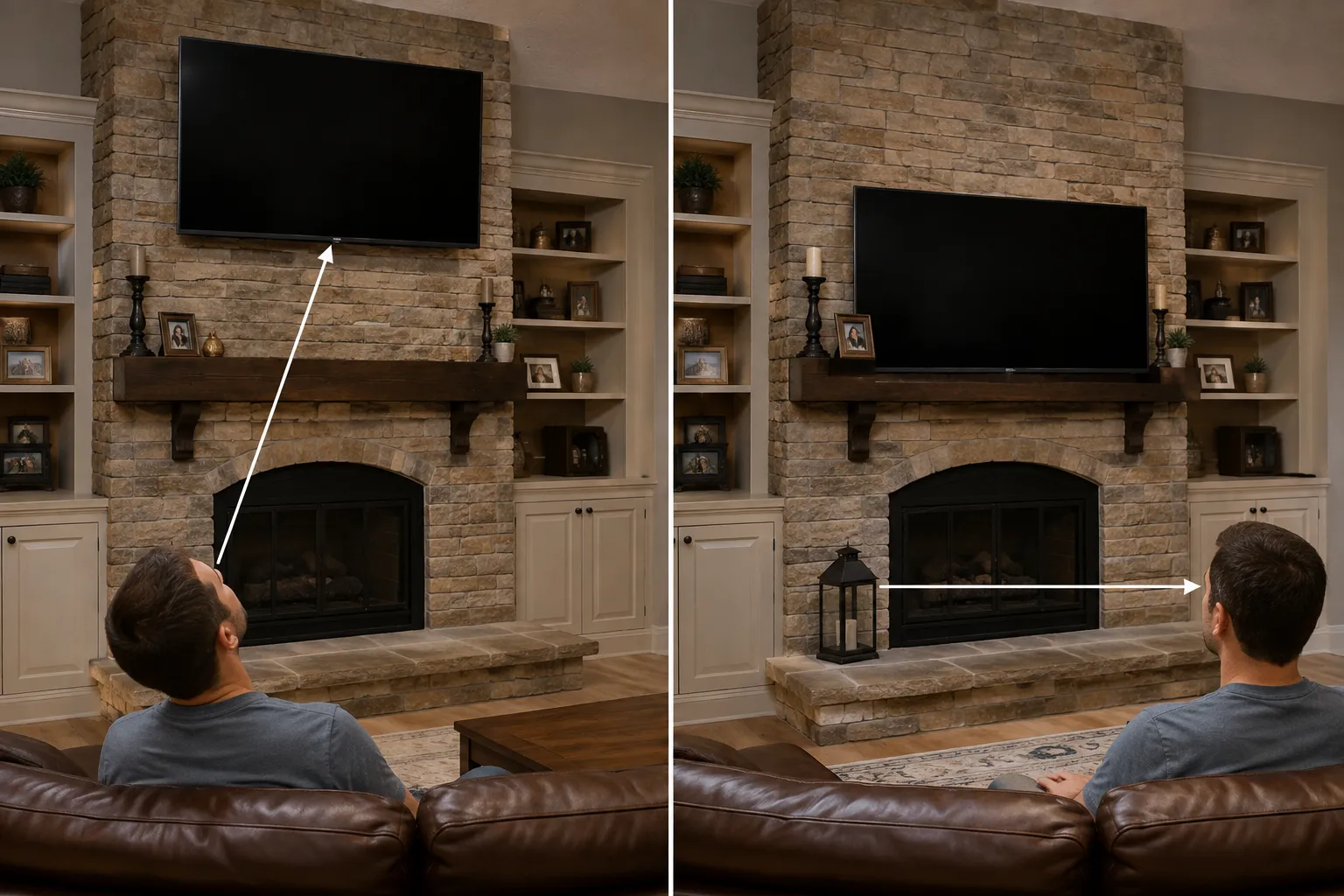 Before and after of a TV mounted too high over a fireplace then lowered to seated eye level.