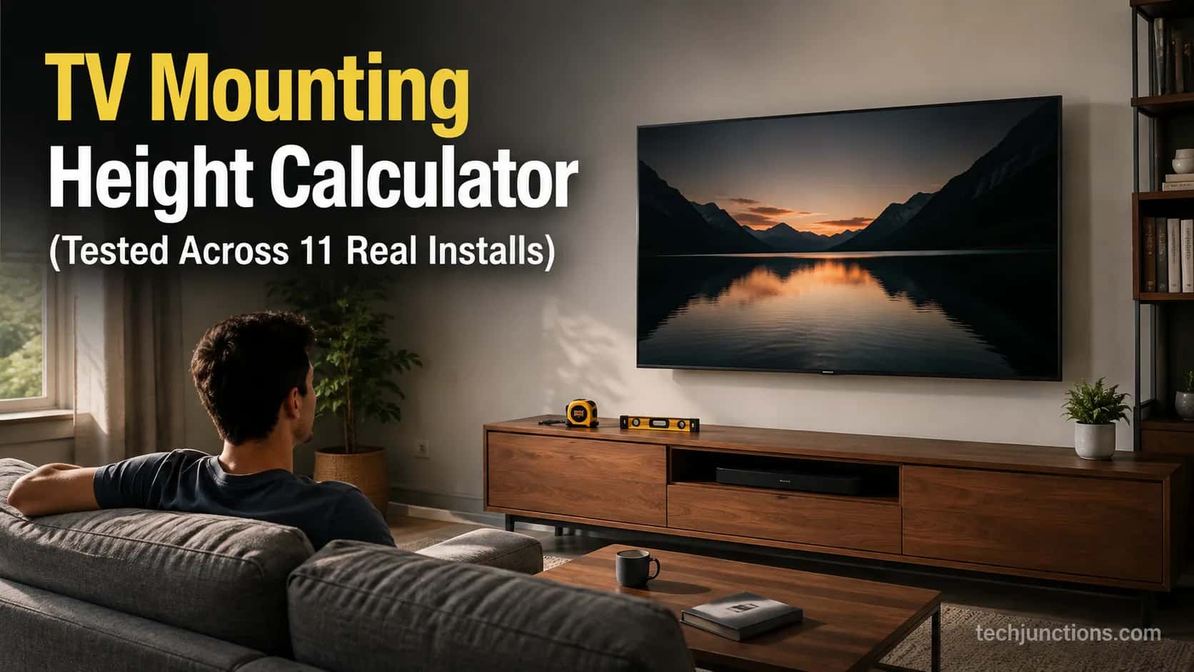 TV mounting height calculator cover showing a wall-mounted TV at seated eye level with a tape measure and level on the console.