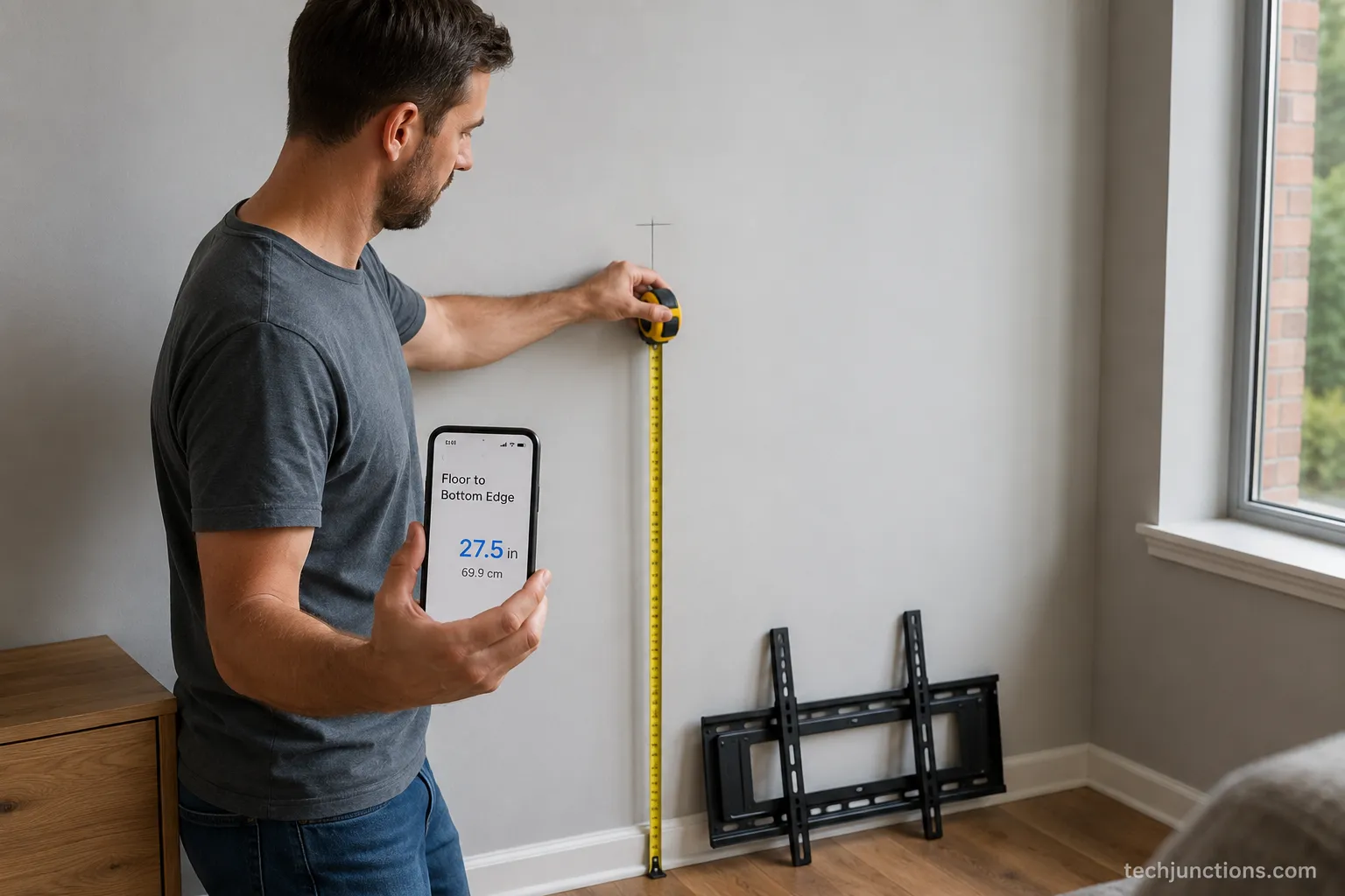 Installer checking a TV mounting height calculator result against a tape-measured mark on the wall.