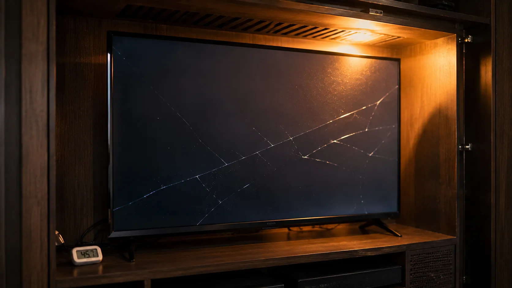 Flat-screen TV running inside a tight enclosed media cabinet with poor airflow and a nearby thermometer, illustrating heat buildup that may contribute to internal TV panel damage.