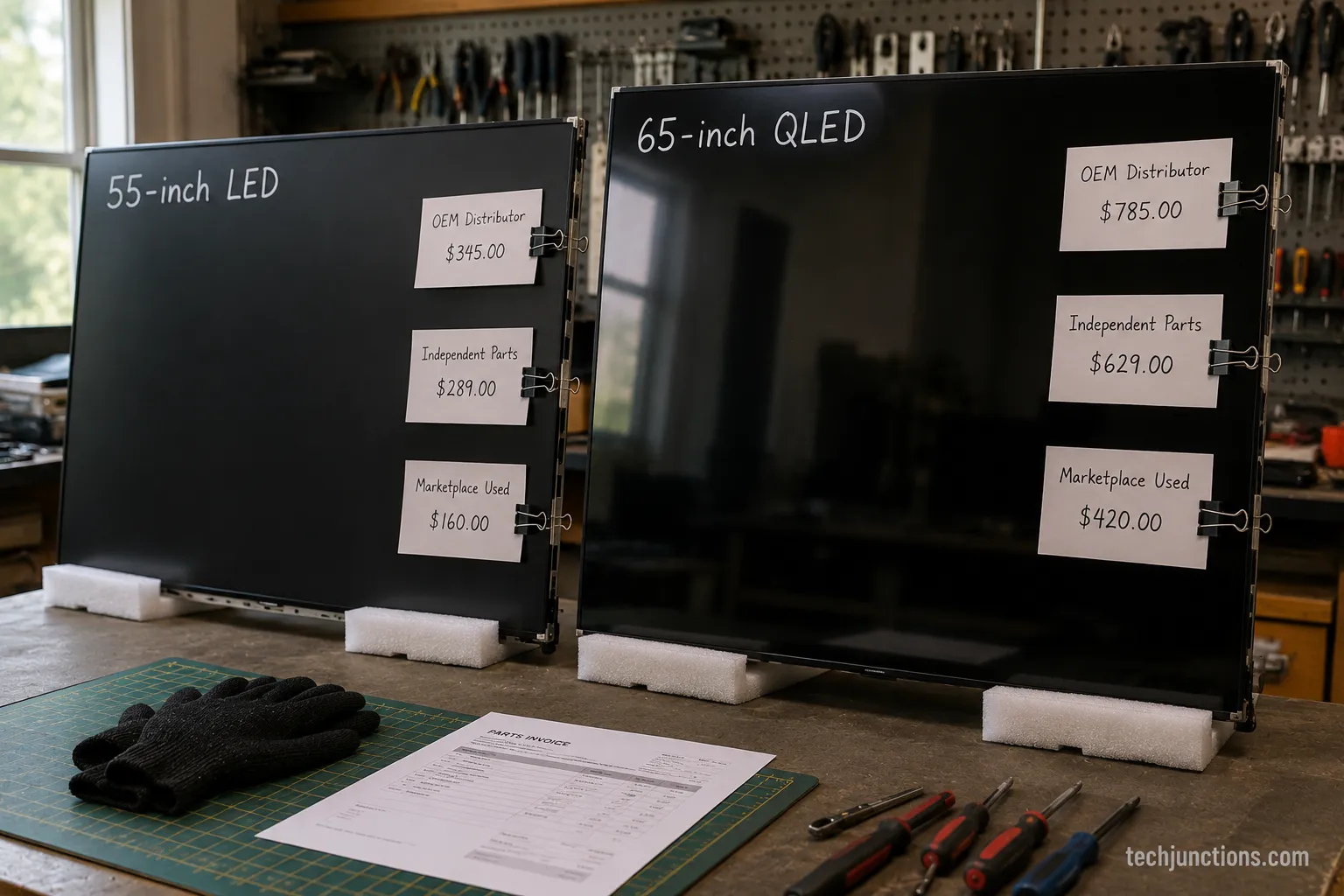 Two replacement TV panels labeled 55-inch LED and 65-inch QLED on a repair bench with price tags.