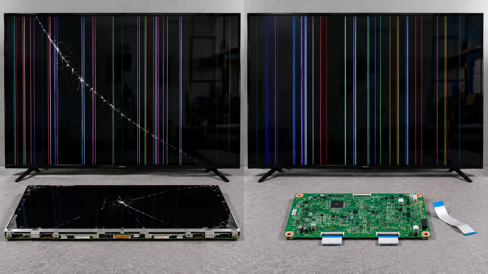 TV vertical lines from an internal panel crack versus a faulty T-Con board.