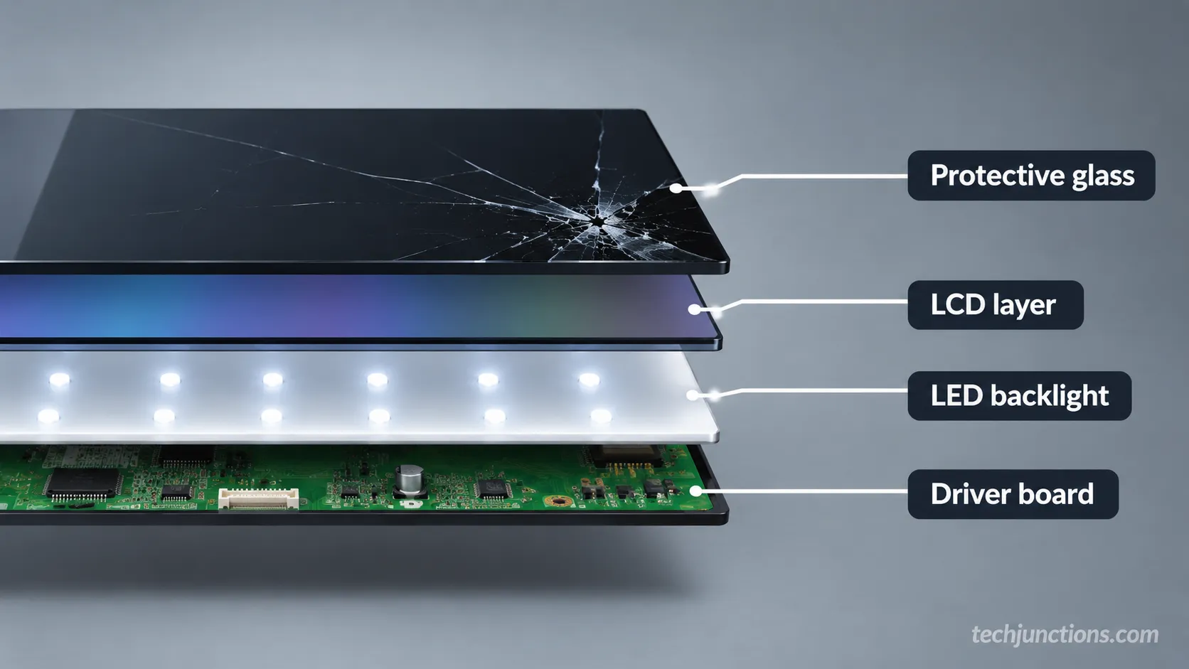 Diagram of TV panel layers showing why a crack means full replacement.