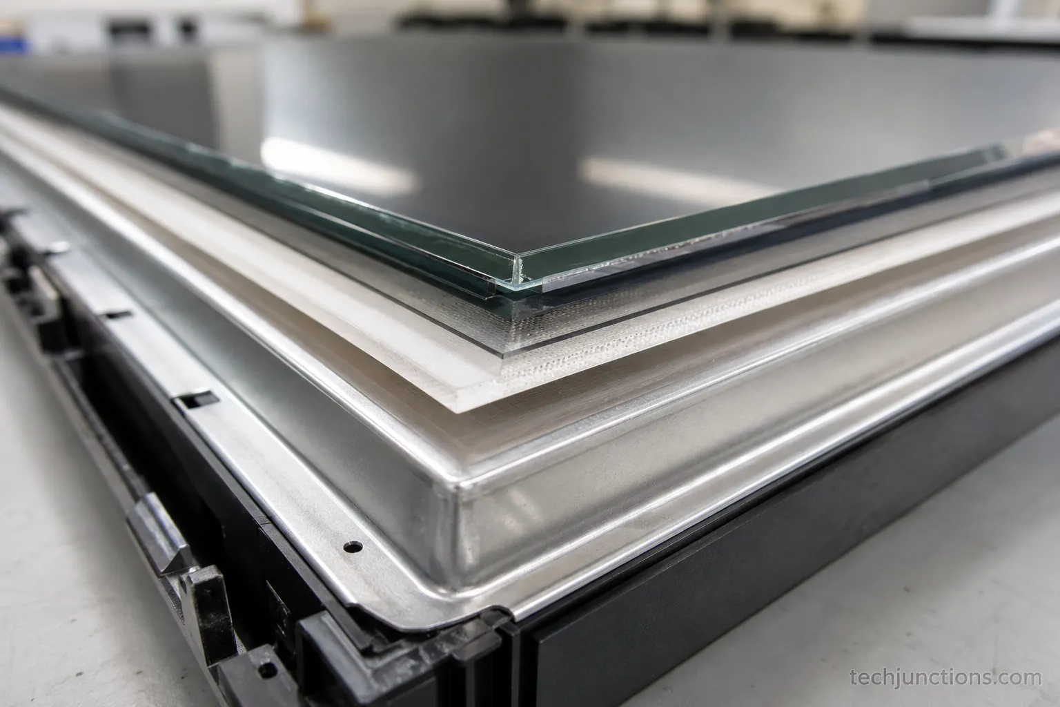 Close-up of a TV panel's layered edge showing glass, liquid-crystal, and backlight layers.