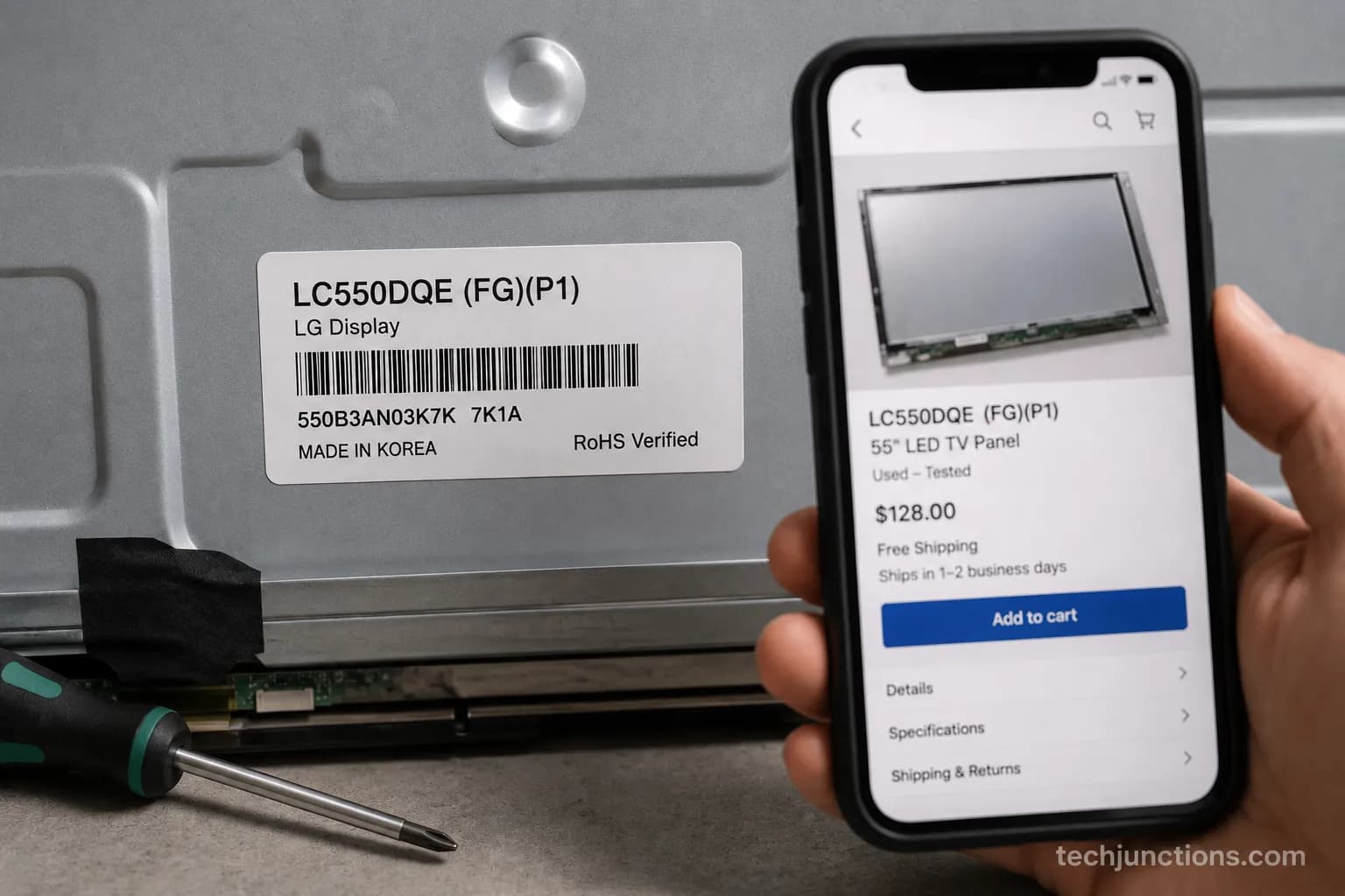 TV panel part-number sticker used to source a replacement screen