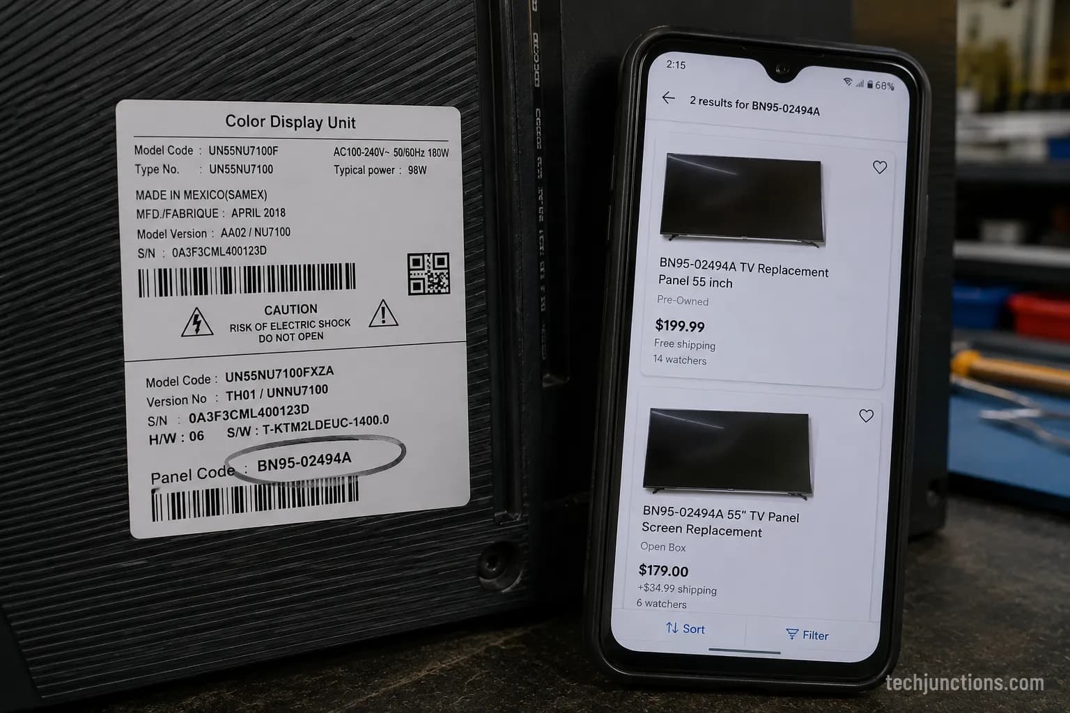 Rear service sticker on a TV with the panel code circled next to a phone showing two panel listings.